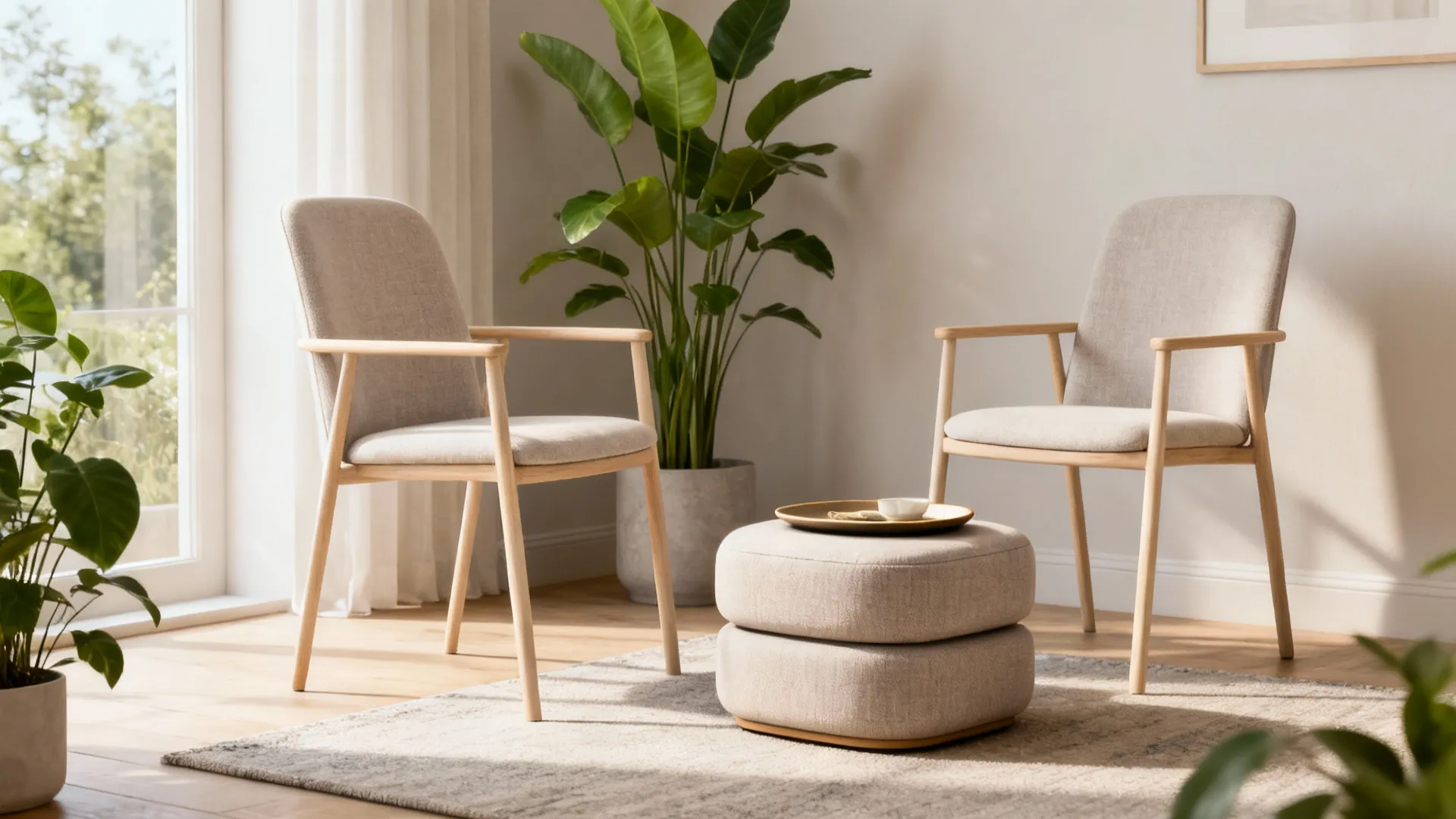 Corner with slim-profile accent chairs and stackable poufs in a small living room