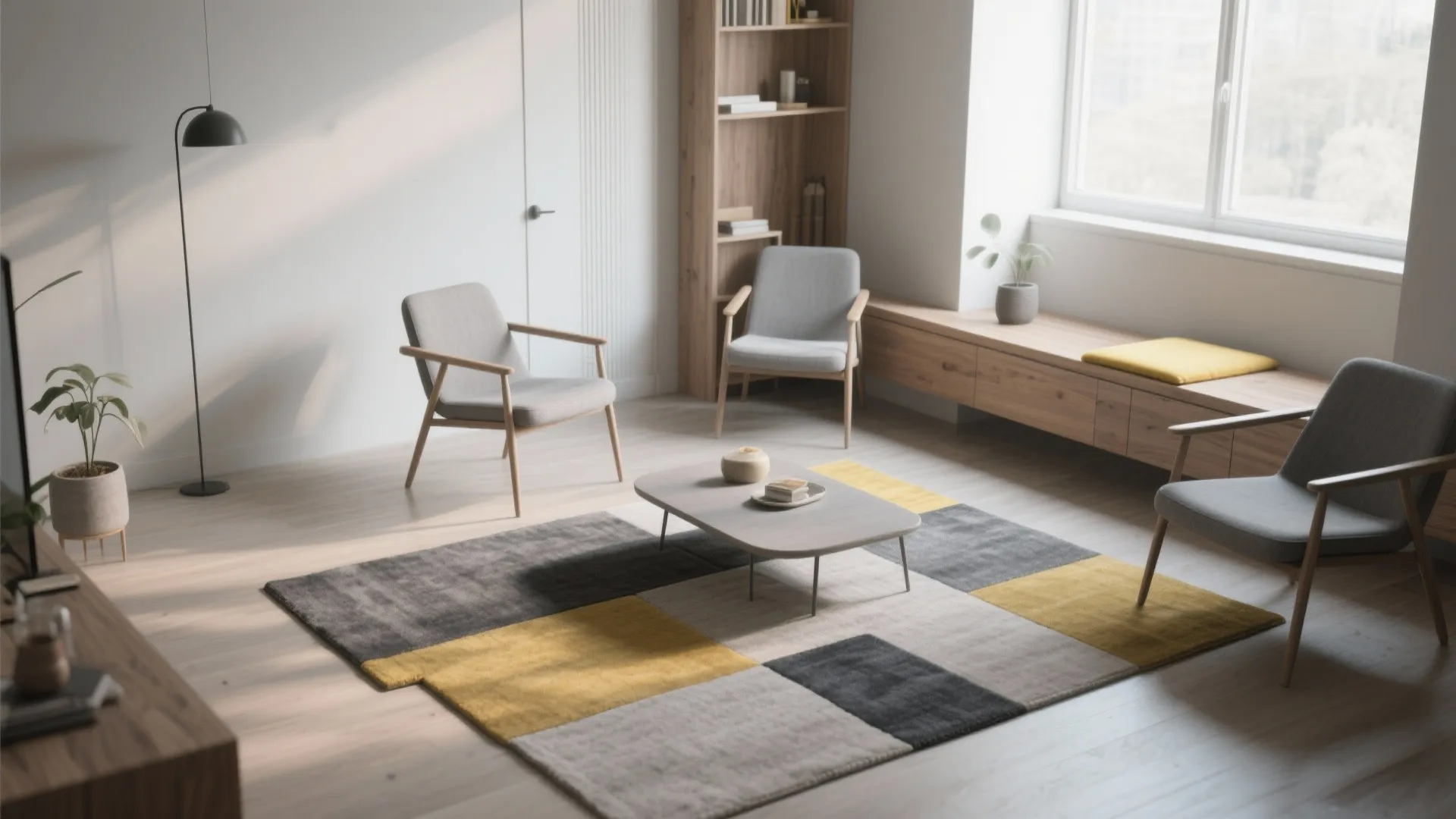 Modern living area featuring grey chairs and a colorful geometric rug with a coffee table