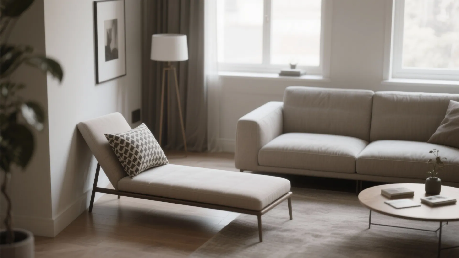 Modern living room featuring a beige sofa a slim grey sofa round table and lamp