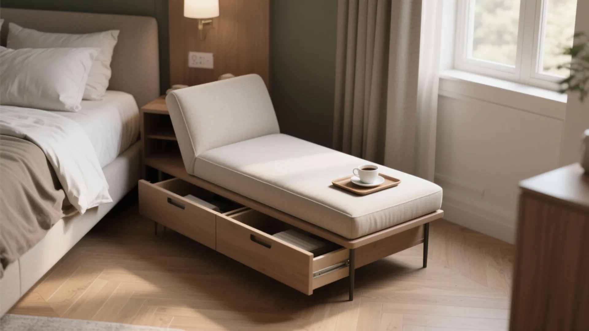 2. Slim chaise or daybed at the foot of the bed