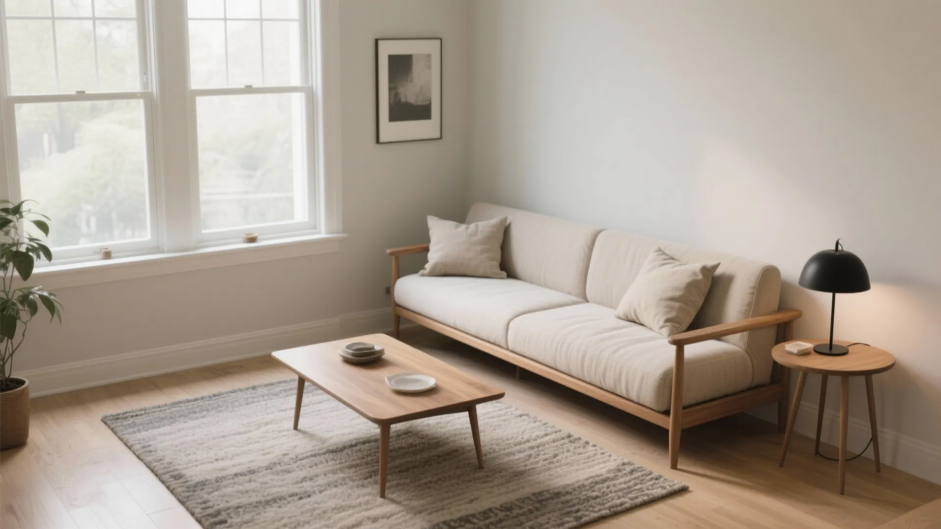 Bright living room with cream sofa wood coffee table patterned rug black desk lamp and windows