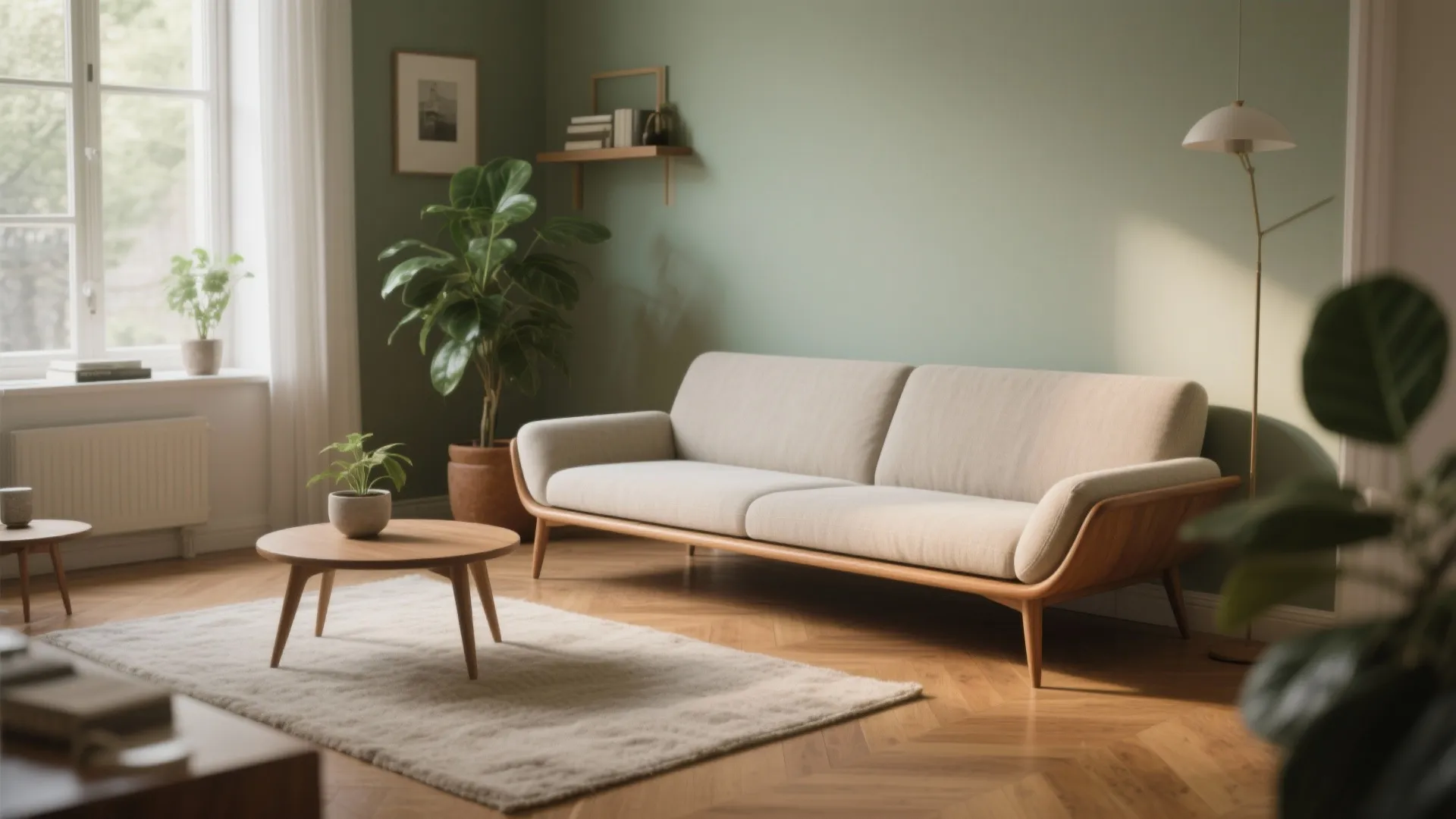Modern living room with green wall cream sofa wooden coffee table rug and floor lamp