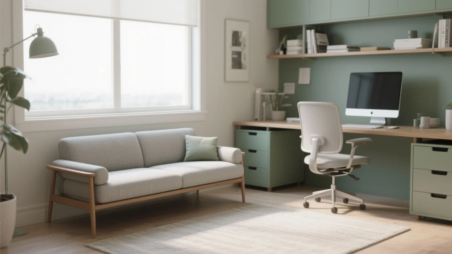 Home office with a slim chaise featuring narrow arms, tall legs, and a tight back near a window.