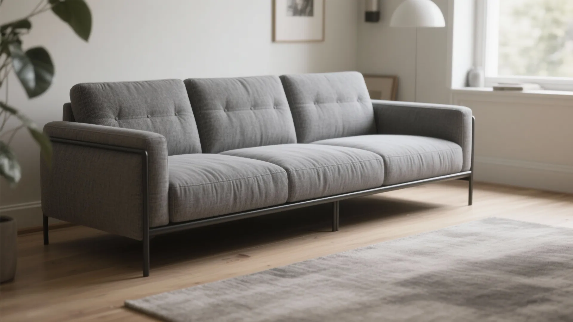 Slim-frame chaise reclining loveseat with narrow arms and textured fabric in a compact living room.