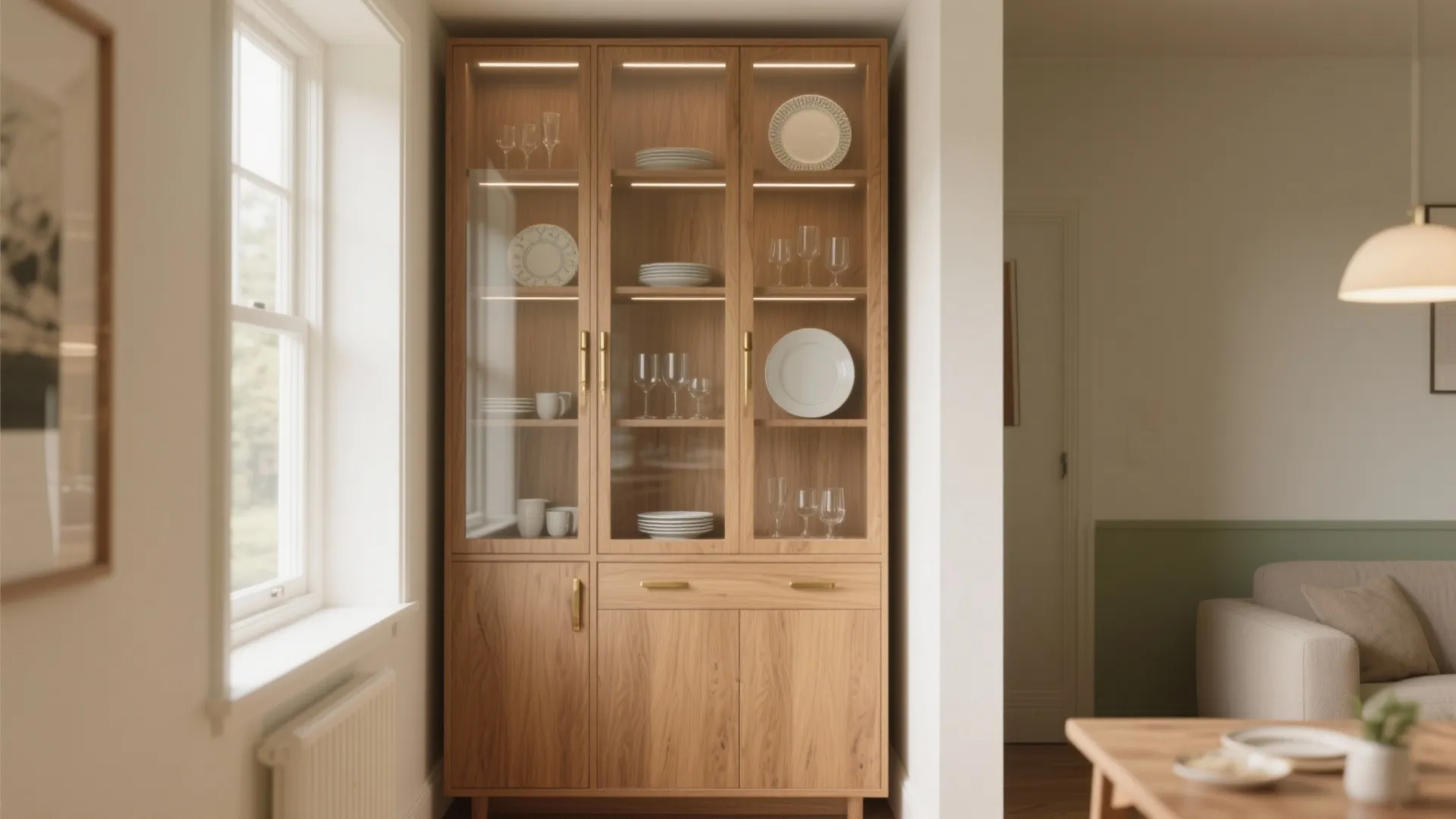 Modern wood cabinet with glass doors showing plates and glasses near a bright white window