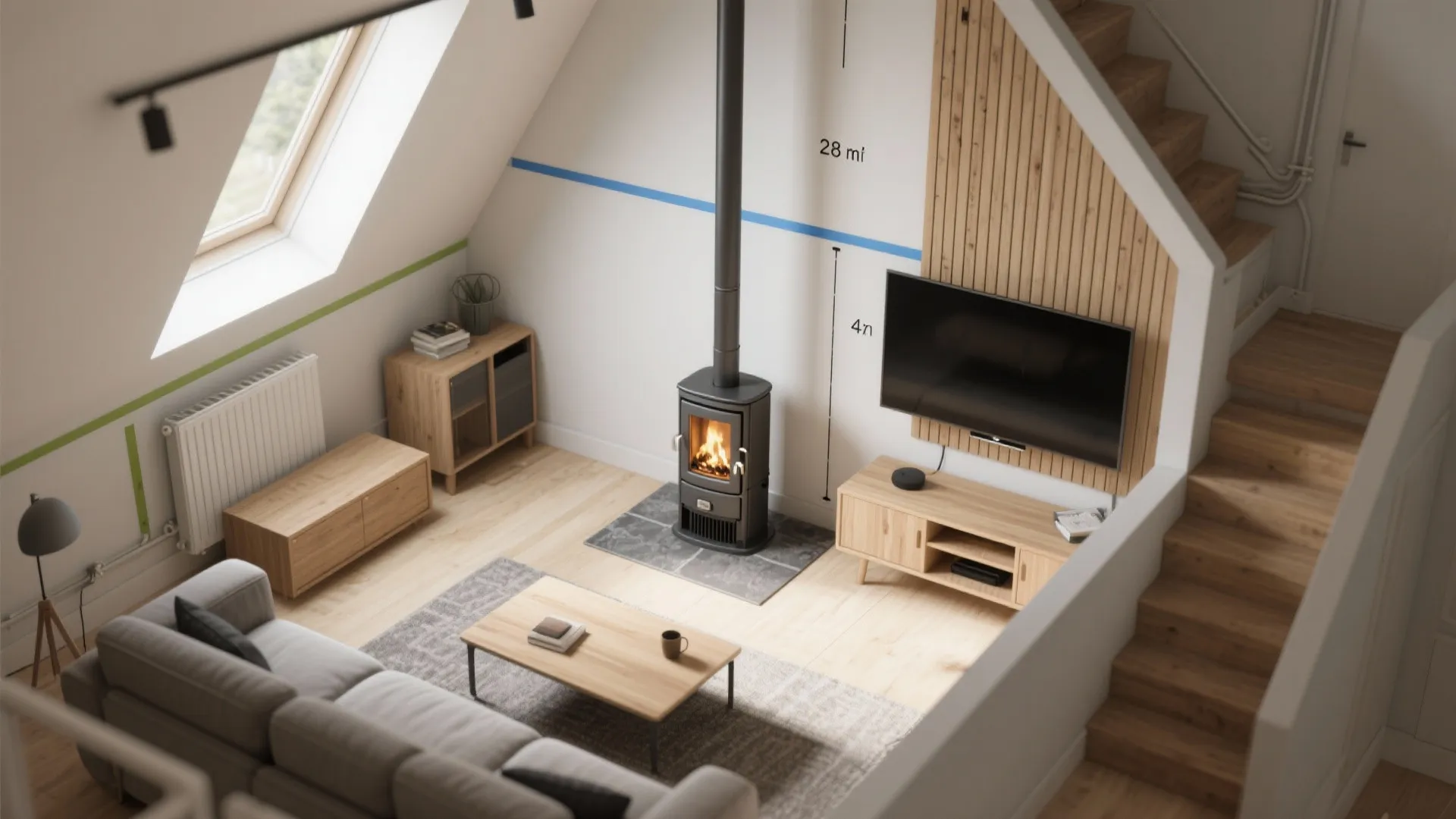 Top-down small living room layout with a slim pellet stove on a short wall, safe clearances, and a hearth pad.