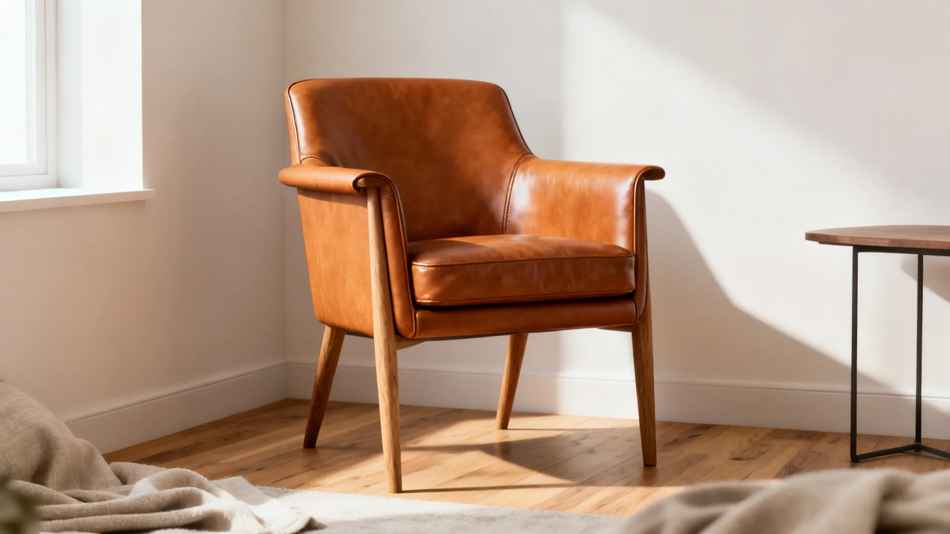 Slim-profile tan leather club chair with wooden legs in a small airy corner