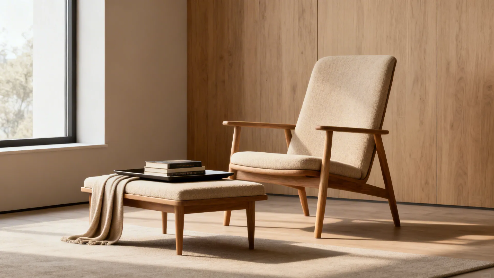 Slim-profile club chair with a low rectangular ottoman and tray in a small living room