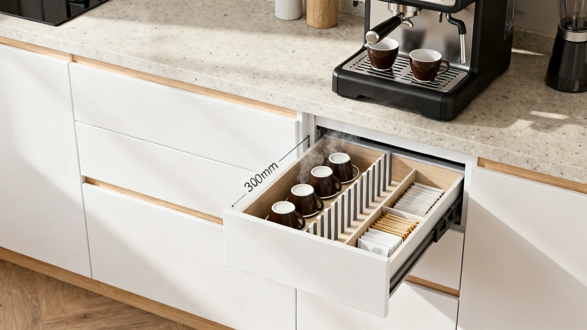 5) Slim cup holder drawer in the coffee station