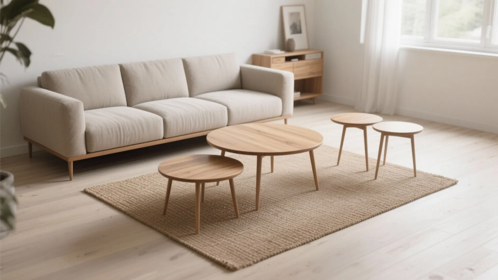 Living room space with beige sofa and four round wooden coffee tables on a rug