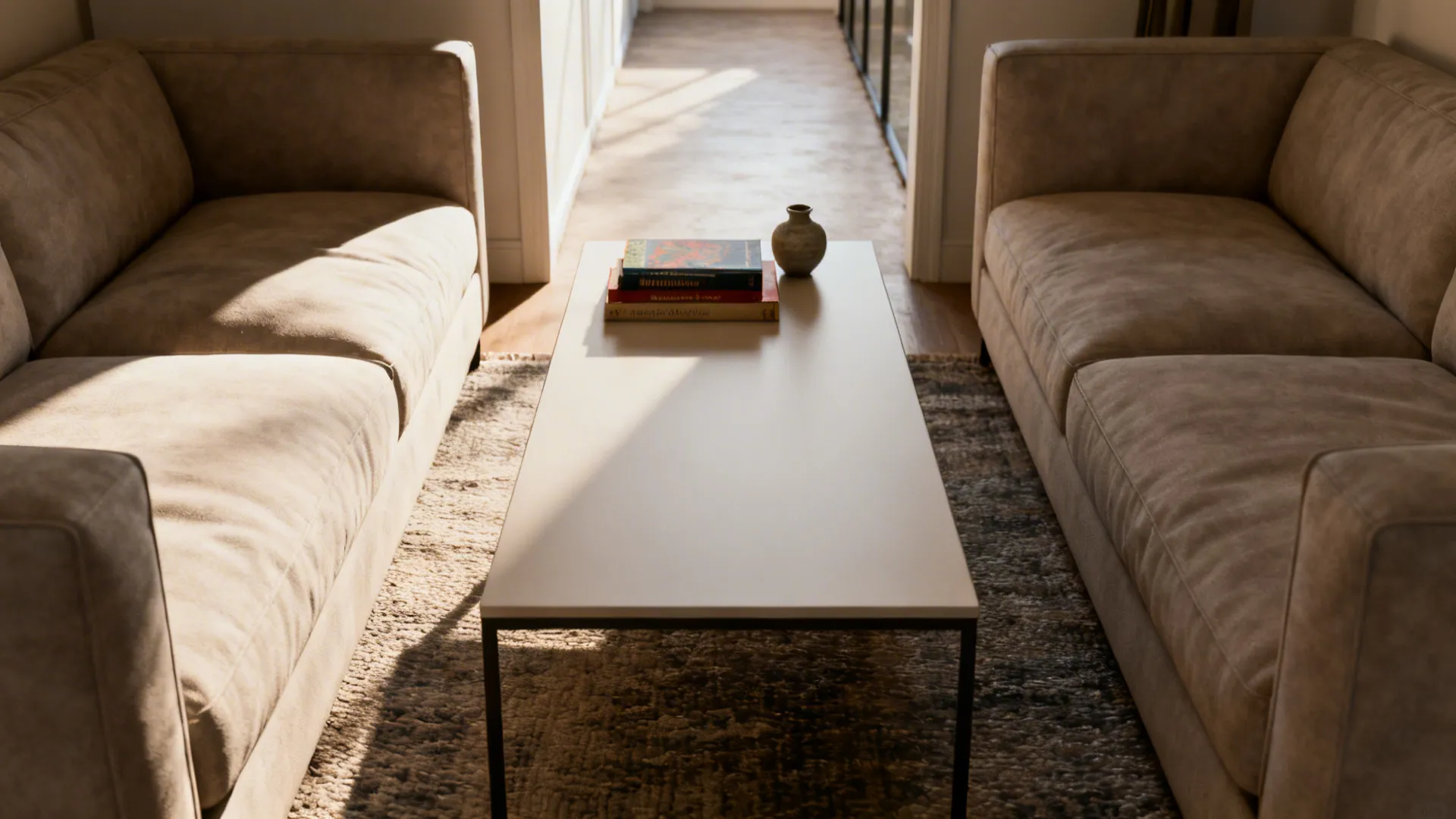 Slim rectangular coffee table between facing sofas keeping sight lines open in a small living room.