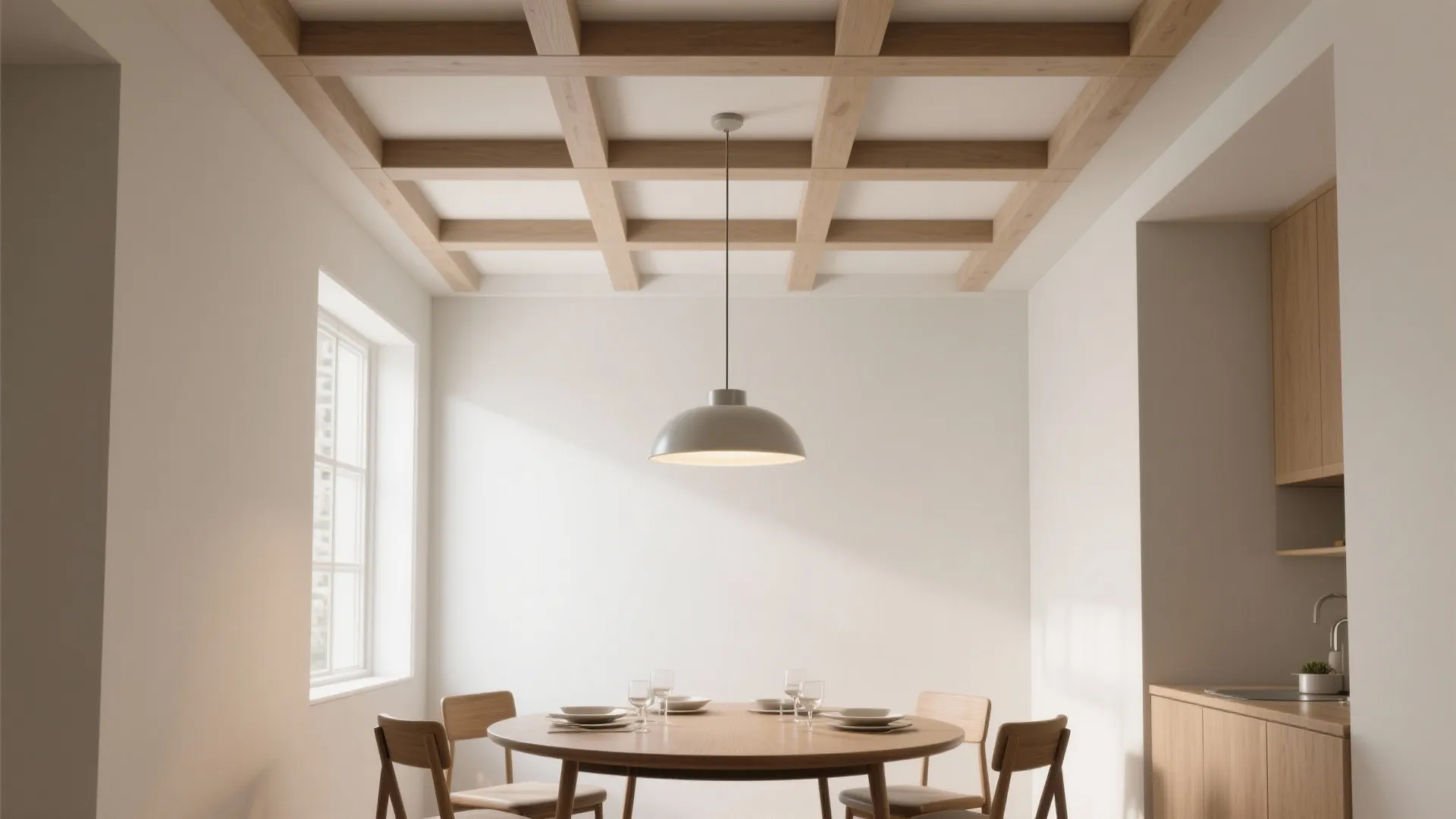 Modern dining room with wooden grid ceiling white walls a round table and grey chairs
