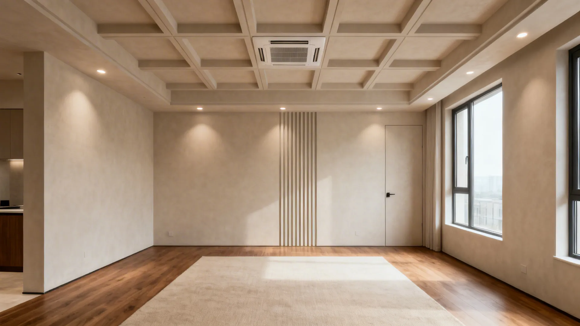 Shallow coffered grid ceiling with a central cassette AC in a modern living room.