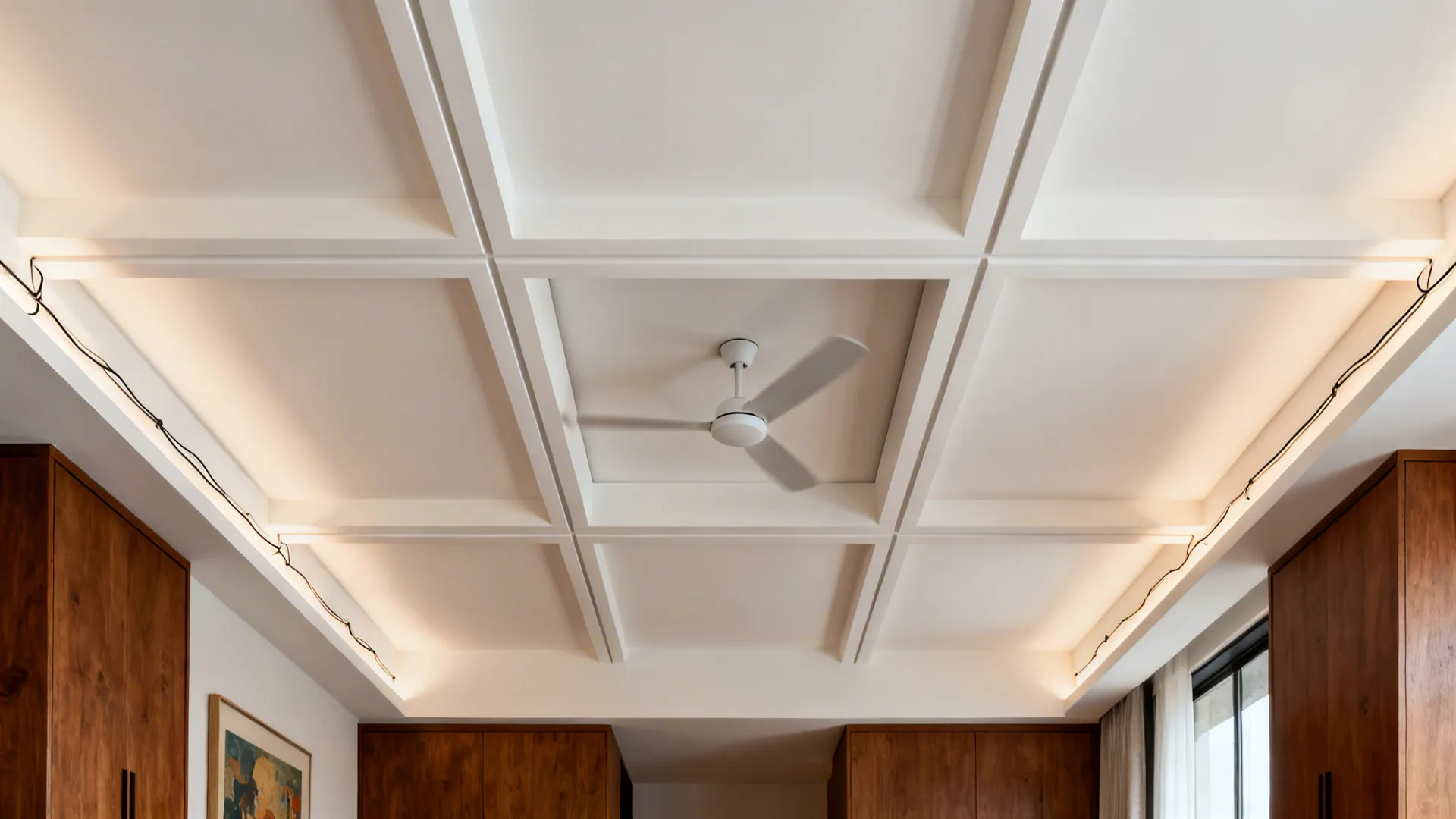Slim coffered ceiling with a central fan pocket over a mid-century style living room.