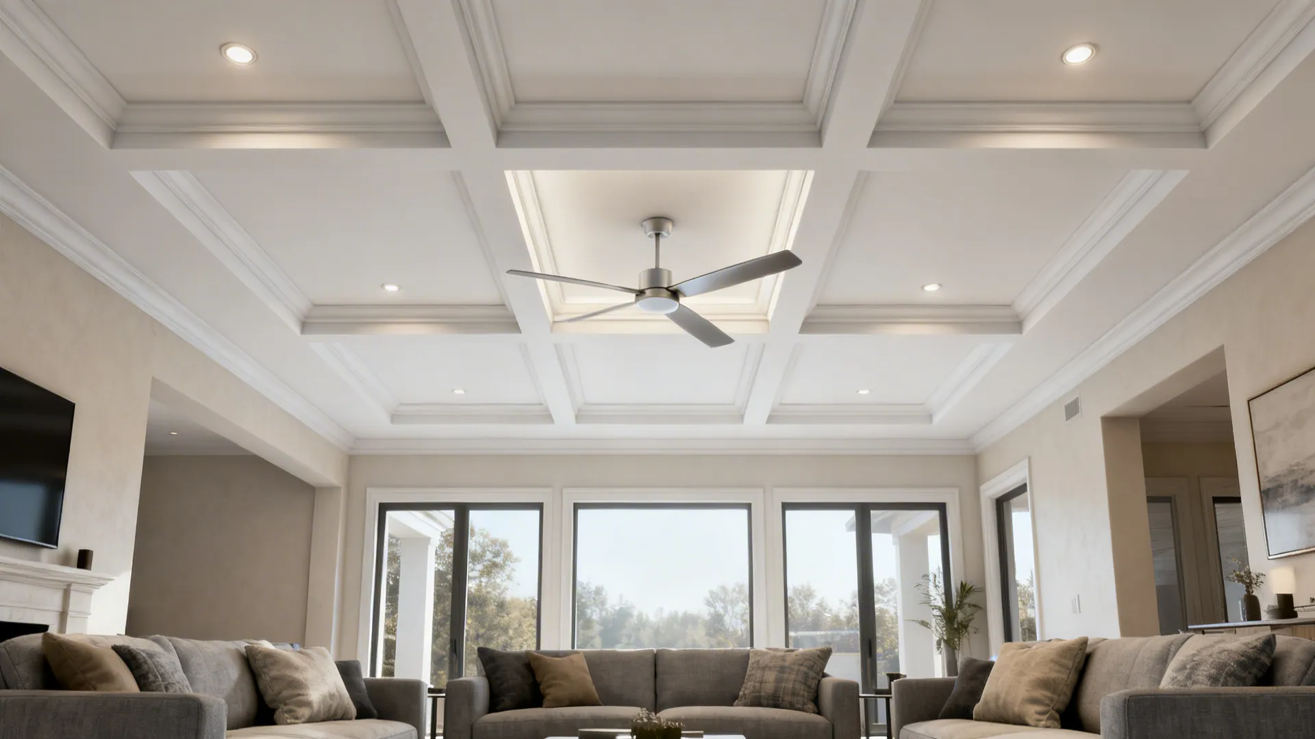 Living room with grid ceiling pattern featuring silver ceiling fan grey sofas and large windows