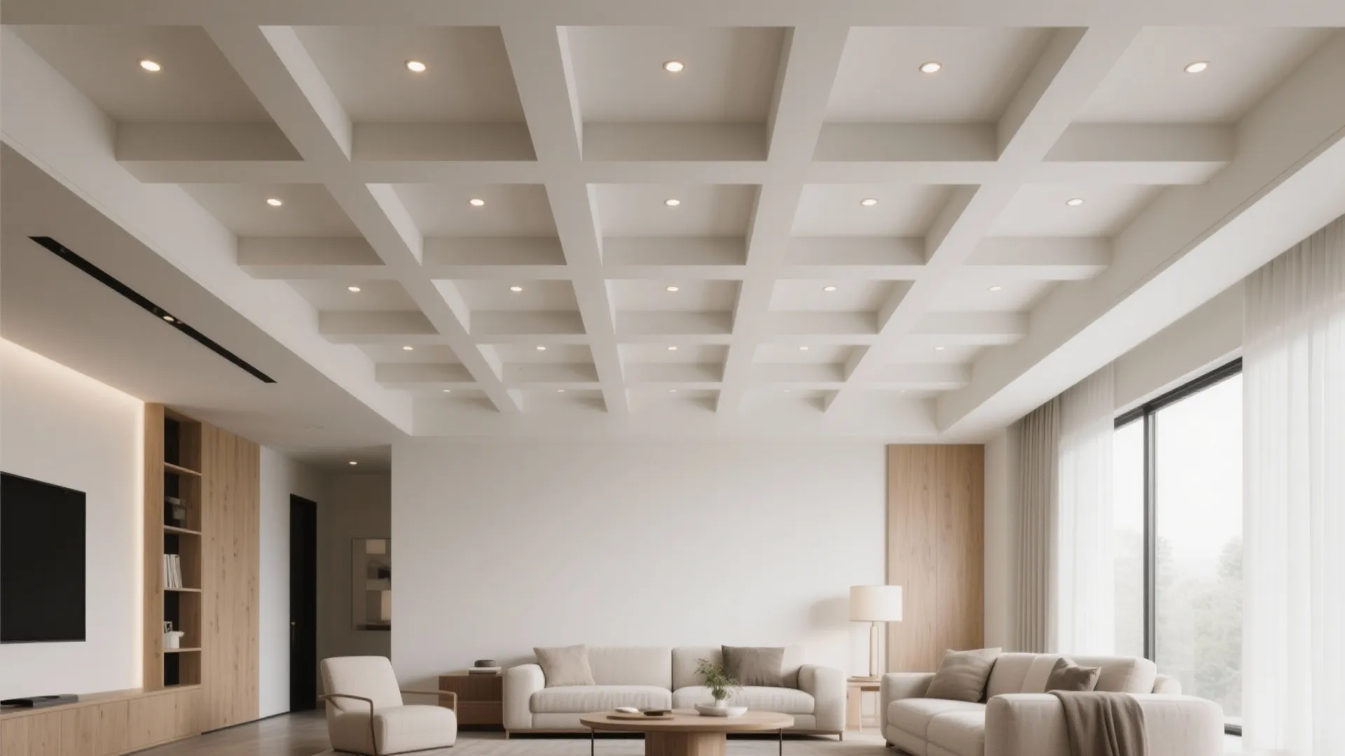 Modern spacious living room with white grid ceiling design comfortable sofas and large bright windows