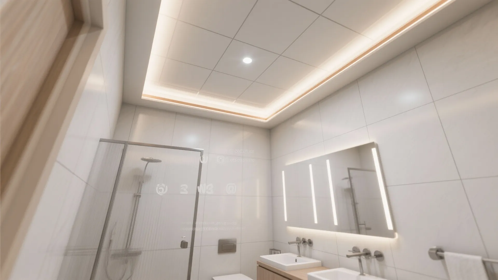 Modern white bathroom with double sinks glass shower large mirror and warm recessed ceiling light