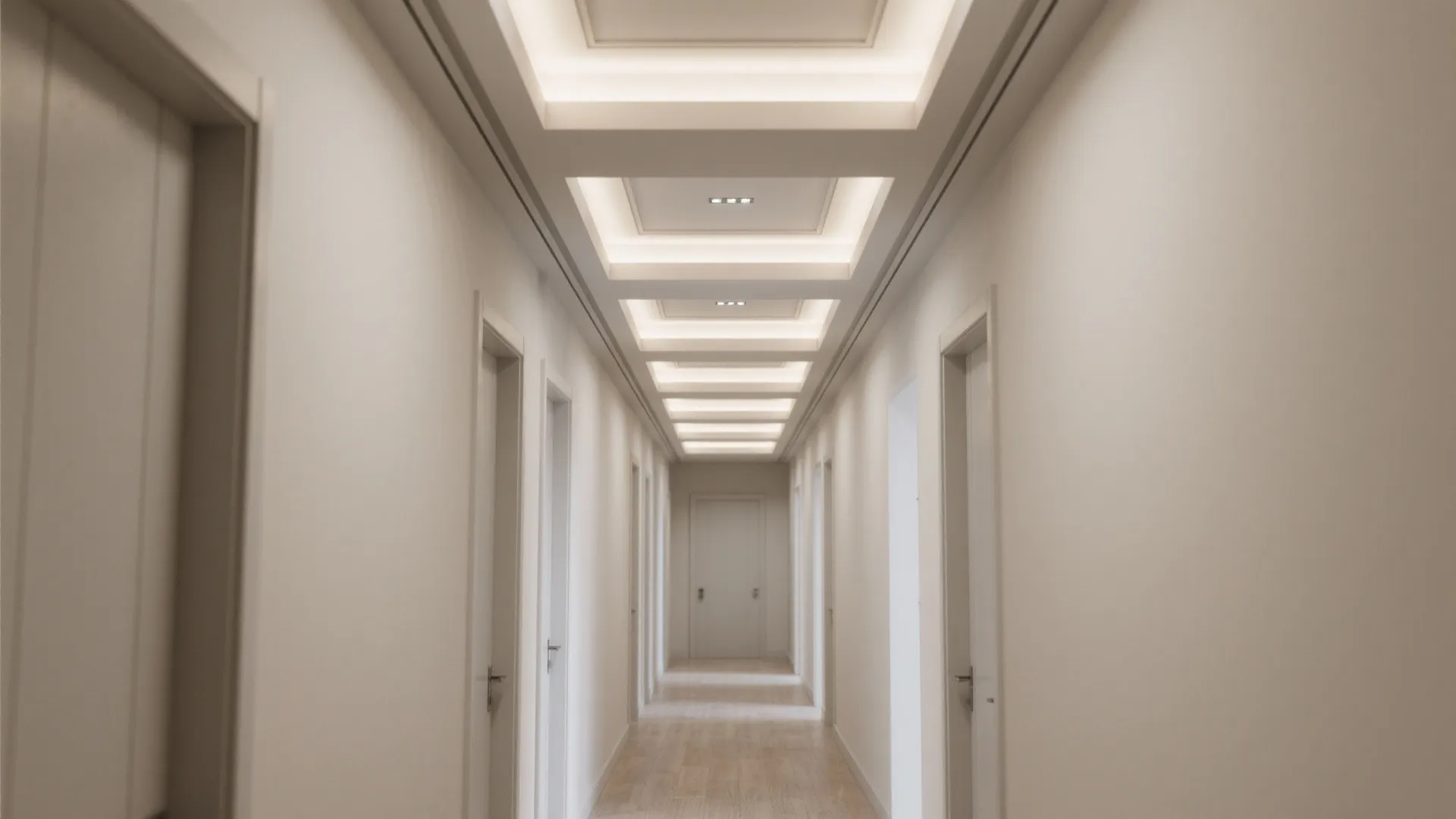 Bright white hallway with recessed ceiling lights wood floor and multiple white doors on sides