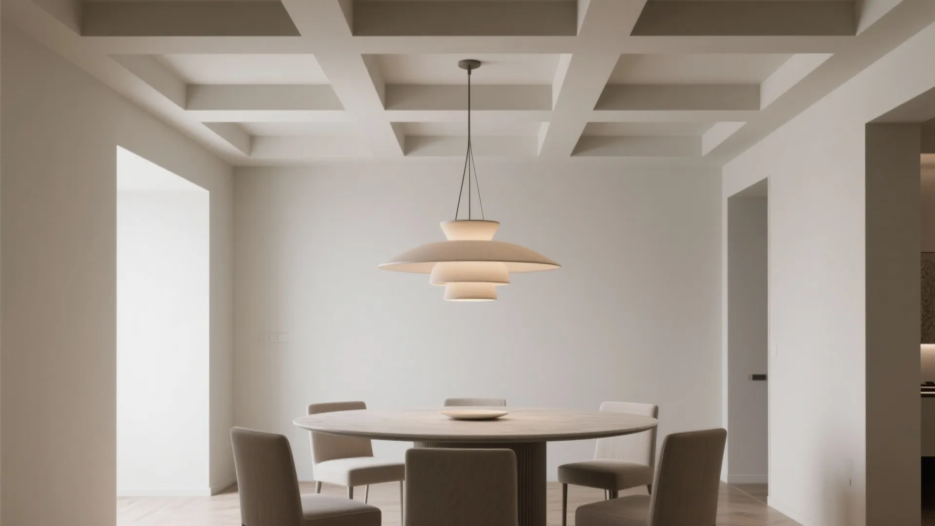 Minimalist dining room with round wooden table beige chairs white walls and large tiered ceiling light