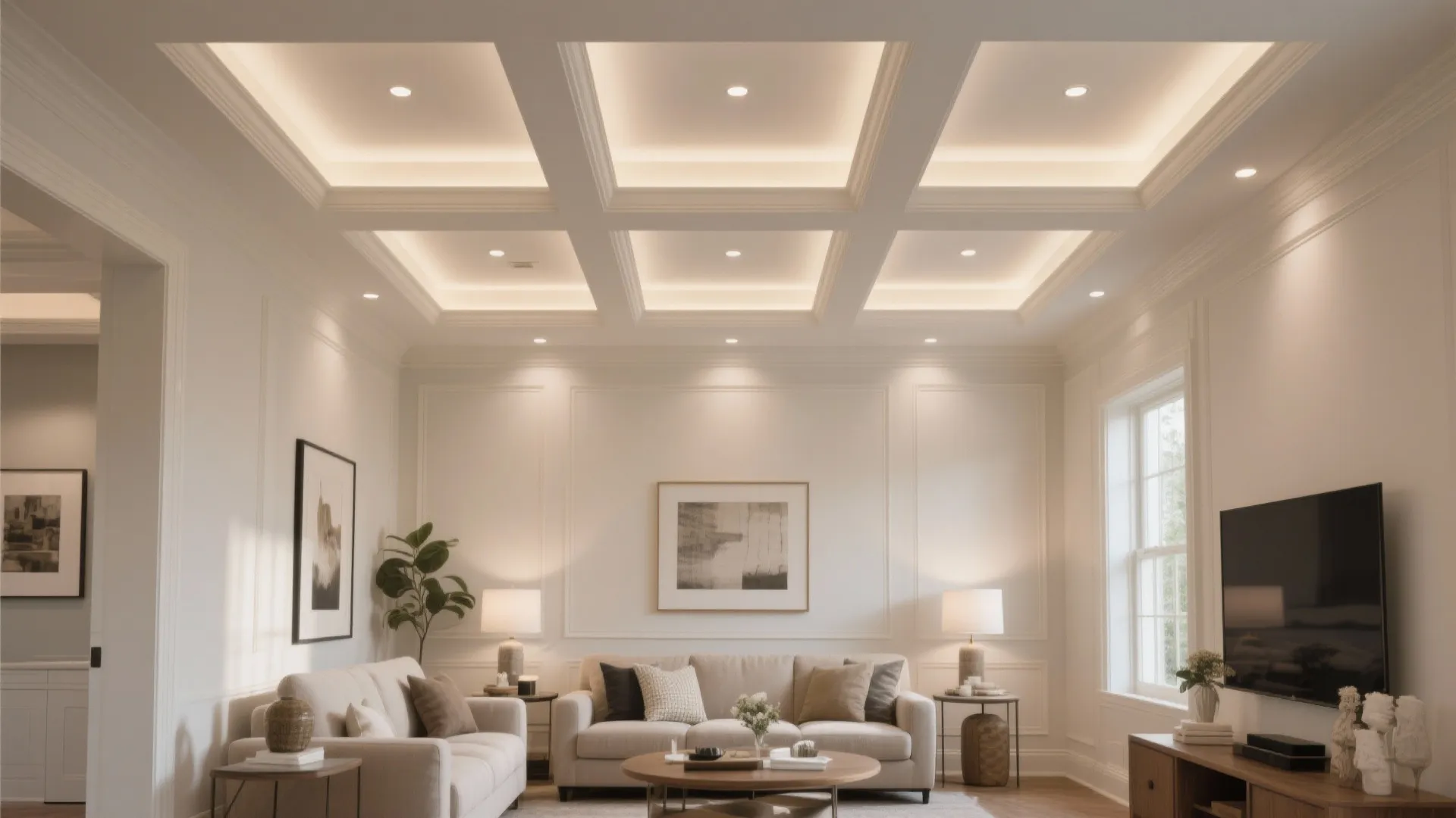 Elegant living room with wall panel white sofa television and a grid of ceiling lights