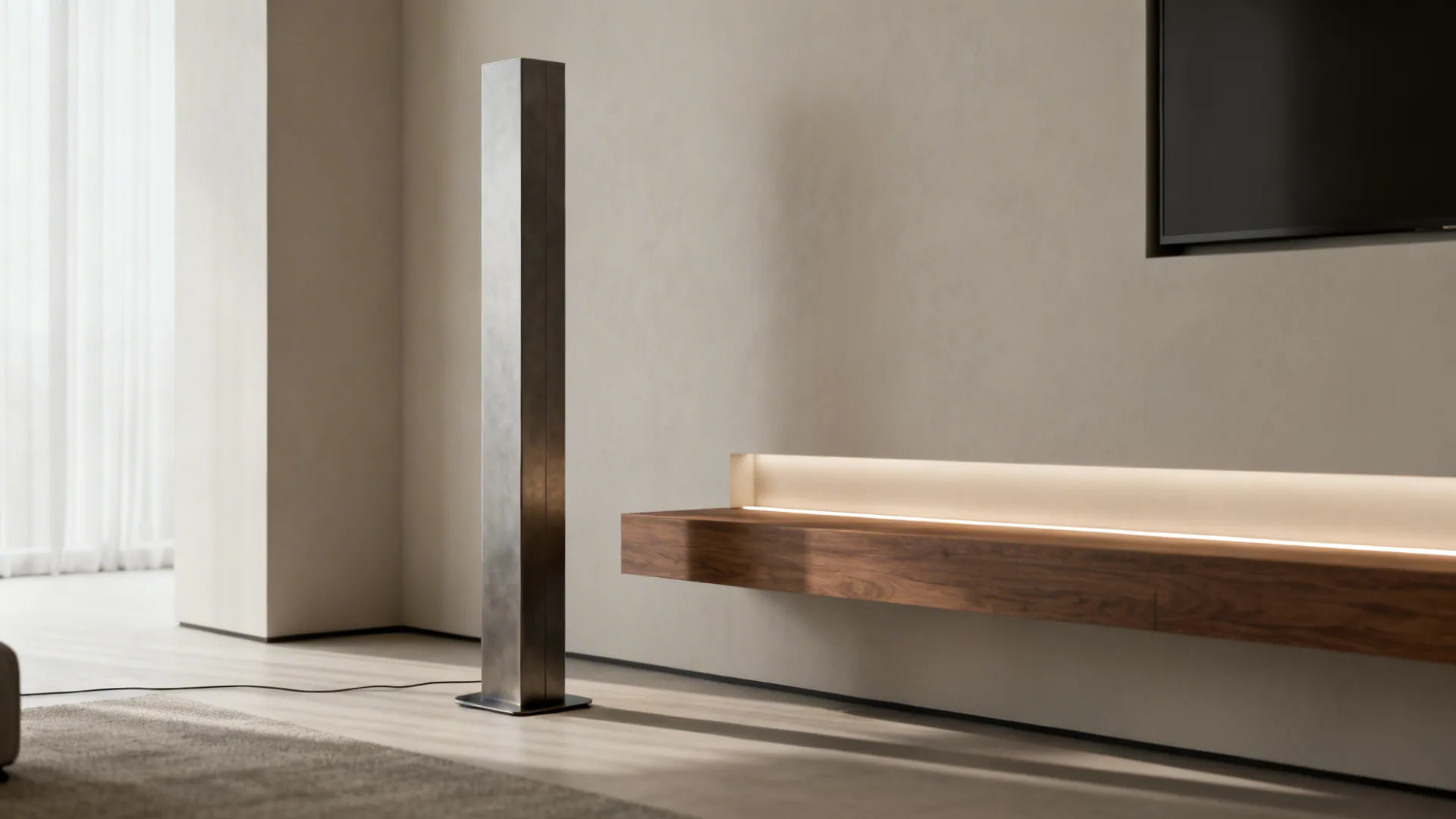 Slim column floor lamp next to a narrow console in a modern minimalist living room.