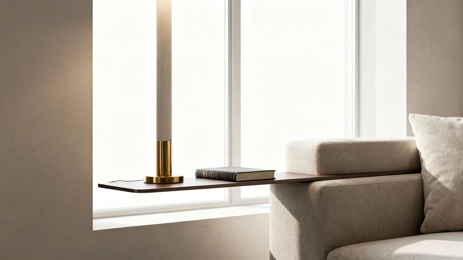 Narrow end table with a tall slim column lamp beside a sofa and window
