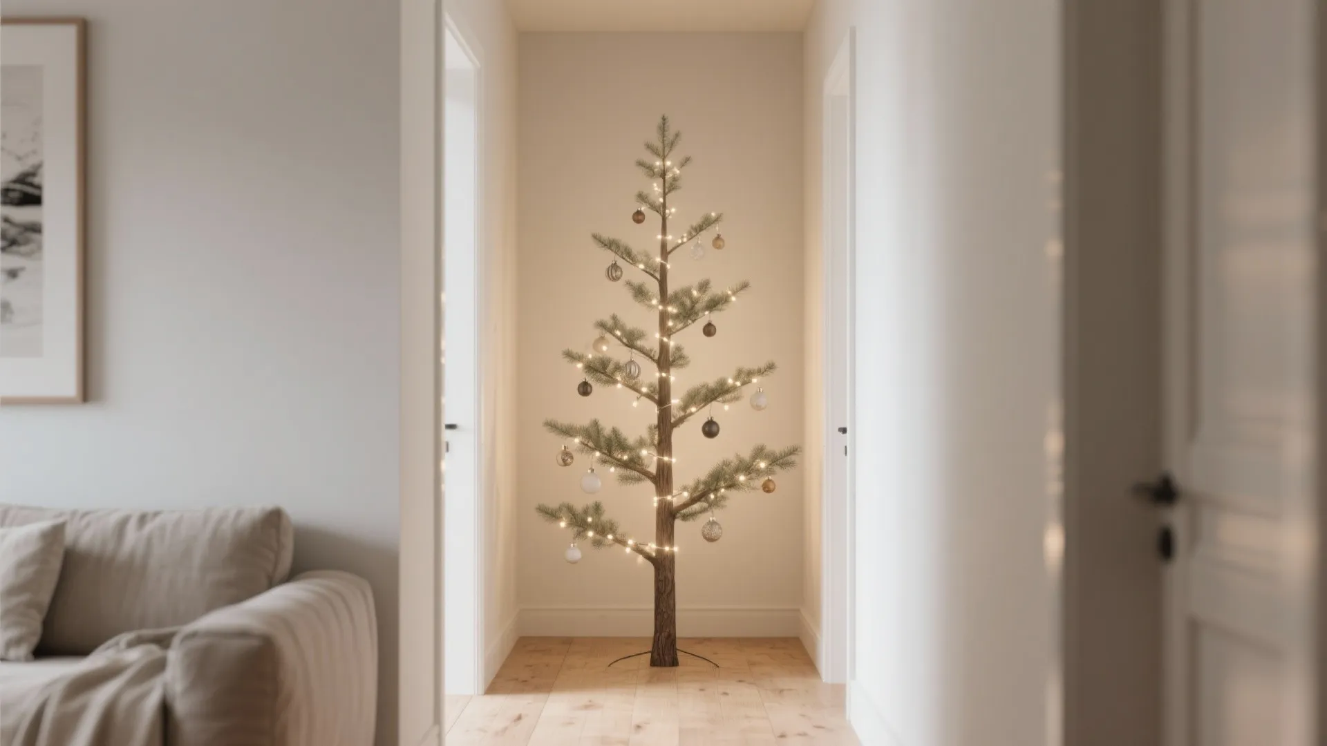 Minimalist tall thin holiday tree with simple lights and ornaments standing in a white hallway