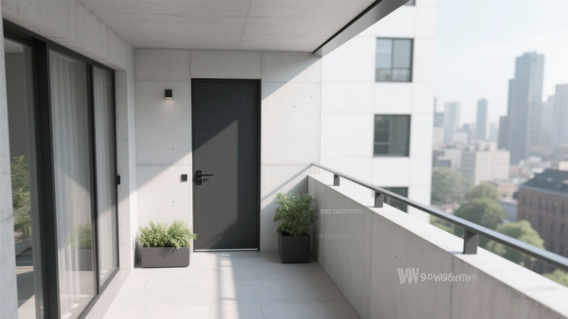 Modern concrete balcony with black door small green plants wall light and city building view