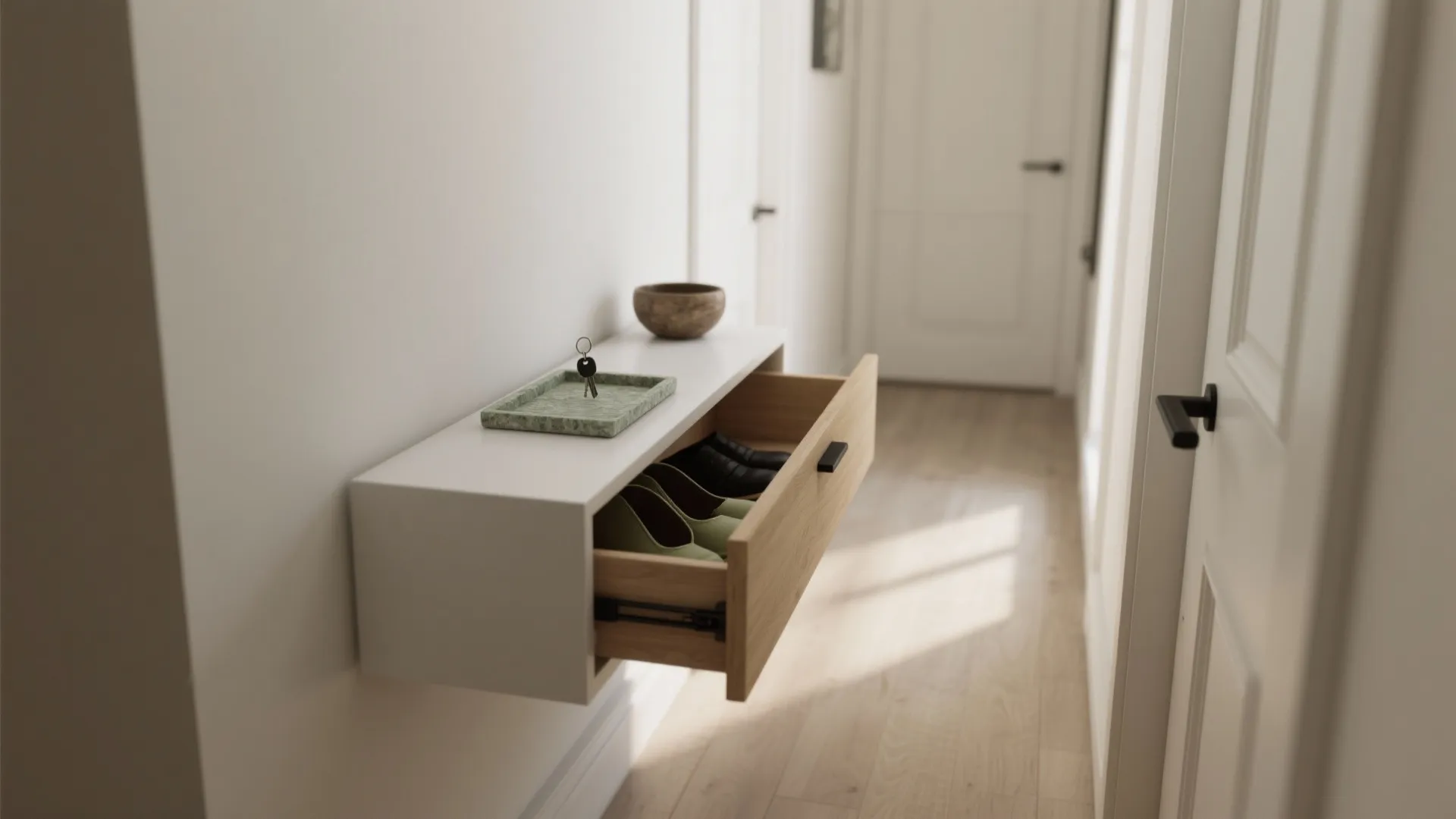 1) Slim Console + Hidden Shoe Storage