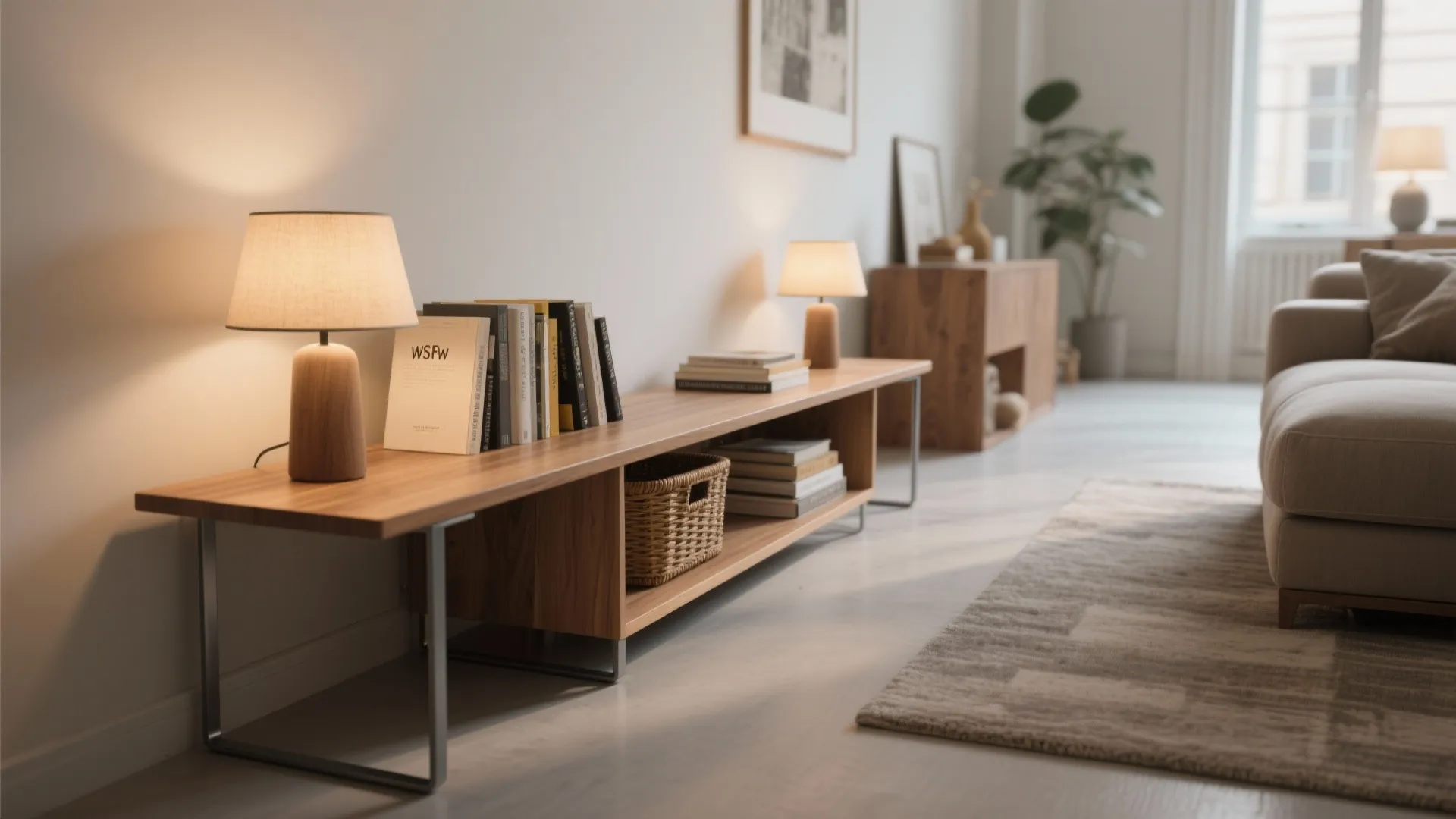 5. Slim Console-Style Centre Table Aligned Along the Sofa