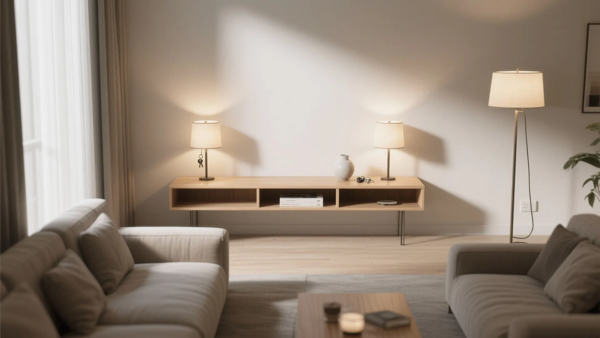 Wide-angle living room showing a slim console table behind a sofa with lamps and decor, emphasizing depth and clearance.