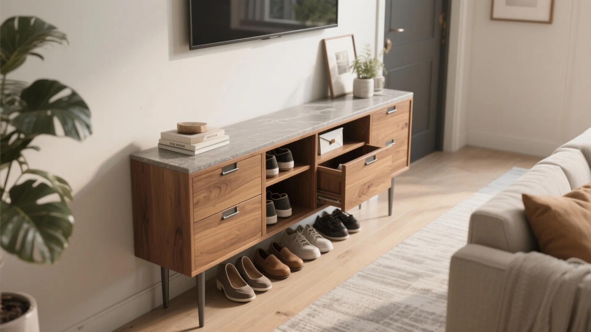 1. Slim console that doubles as storage