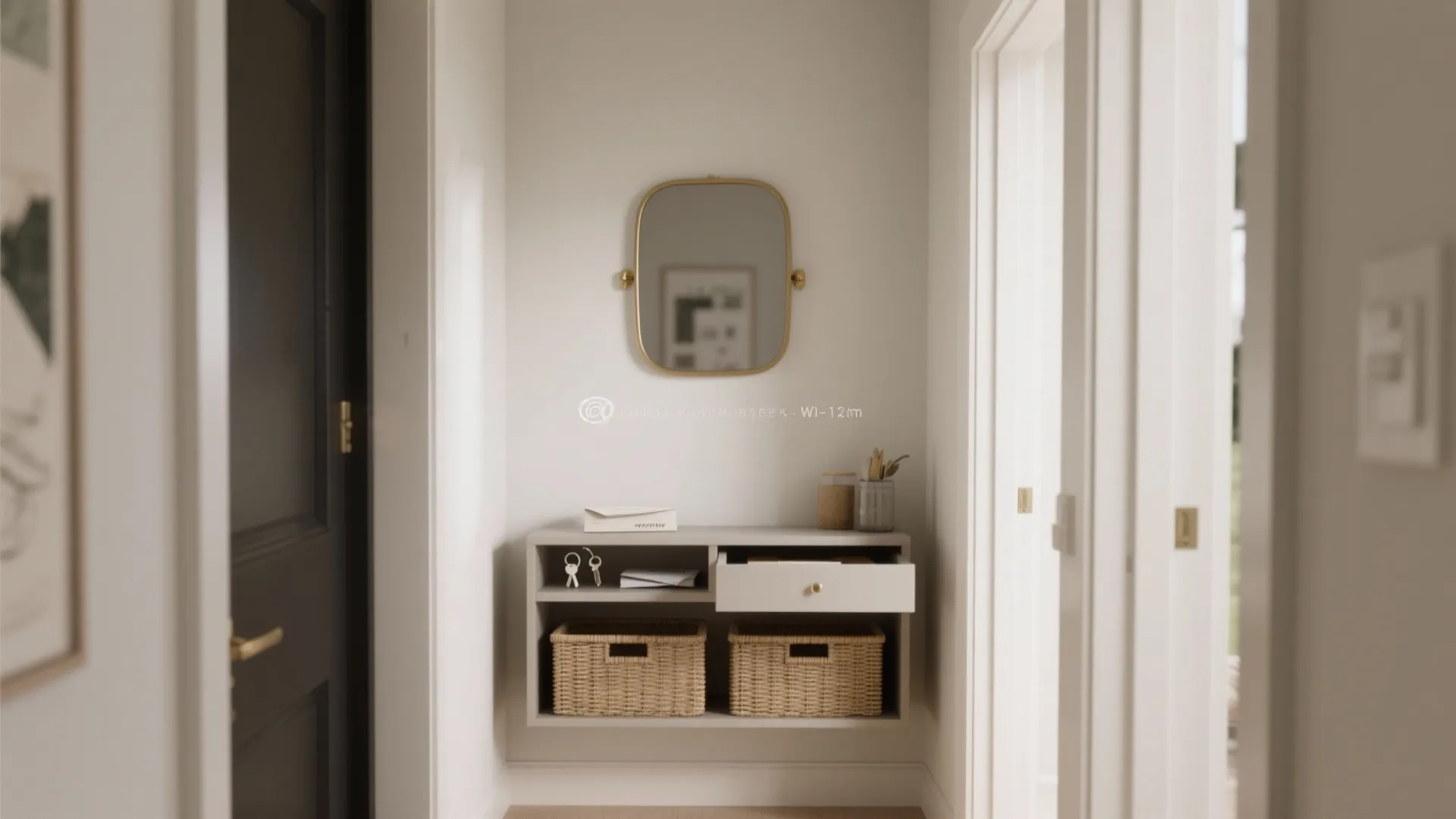 Modern entryway with a slim wall cabinet gold mirror wicker baskets and a black door