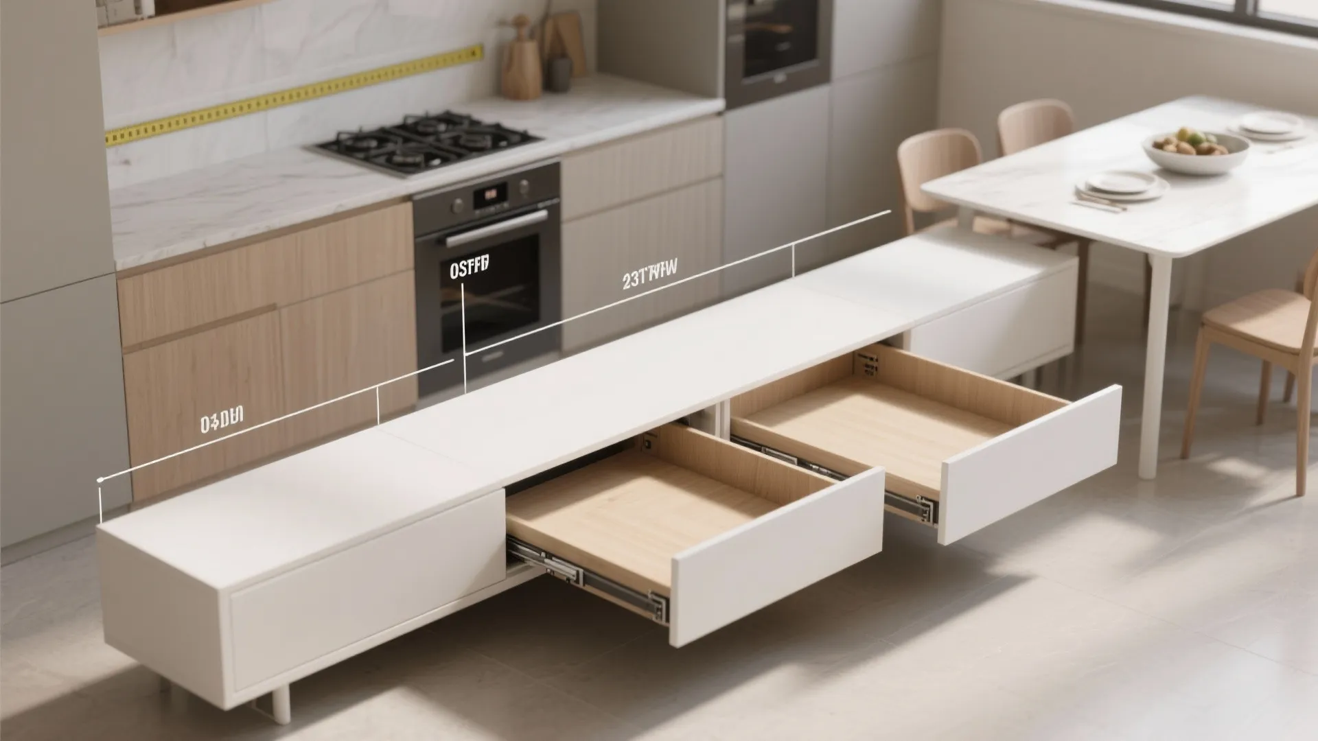 Modern white cabinet with open drawers showing storage space inside a kitchen with oven display