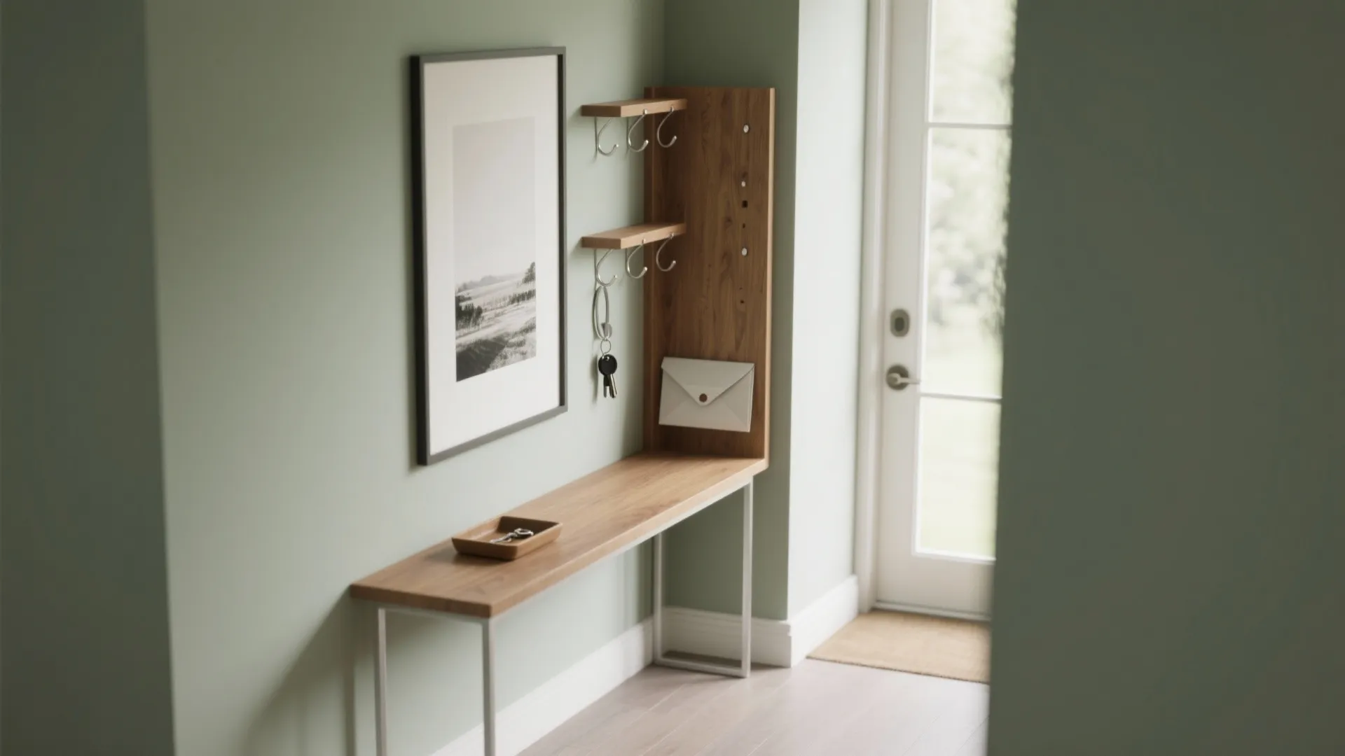 Modern narrow wooden entryway table with wall hooks and mail holder on a light green wall
