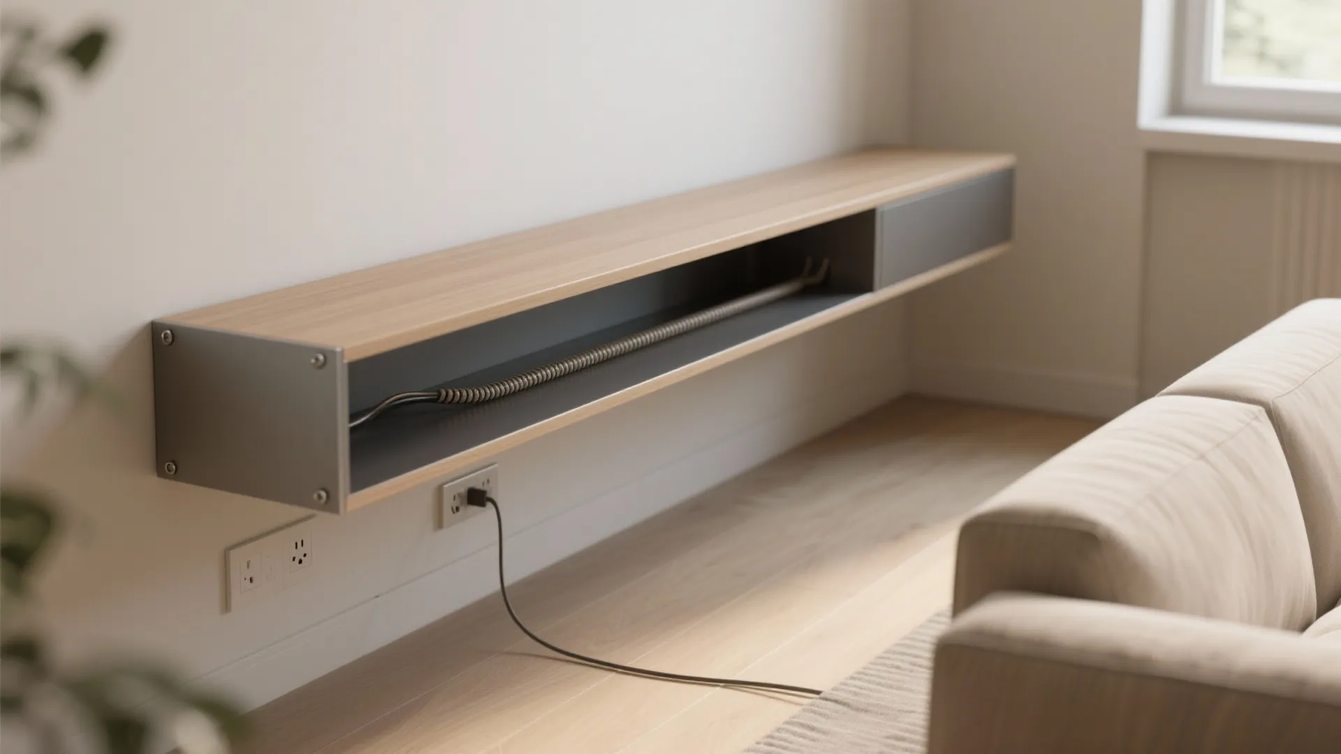 1. Slim wall-mounted console with integrated outlet