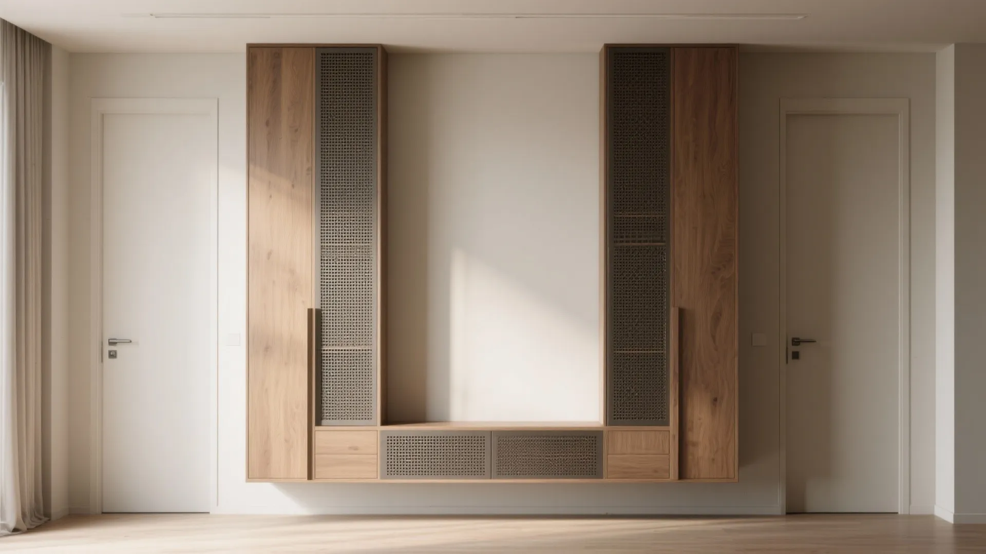 Built in wood wall cabinet with mesh doors set between two white room entrance doors