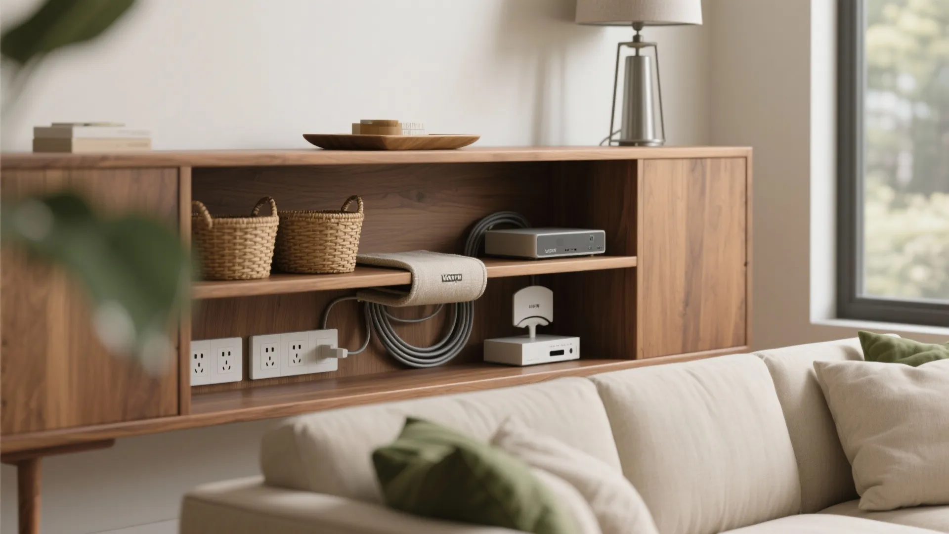 Slim Console and Hidden Storage Behind the Sofa