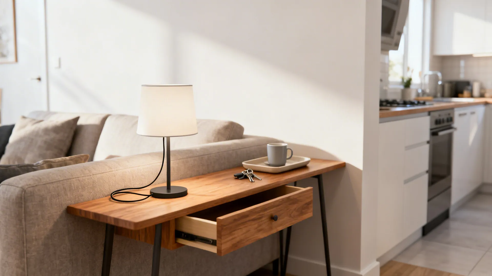 Narrow console behind sofa with lamp and tray, preserving open middle space.