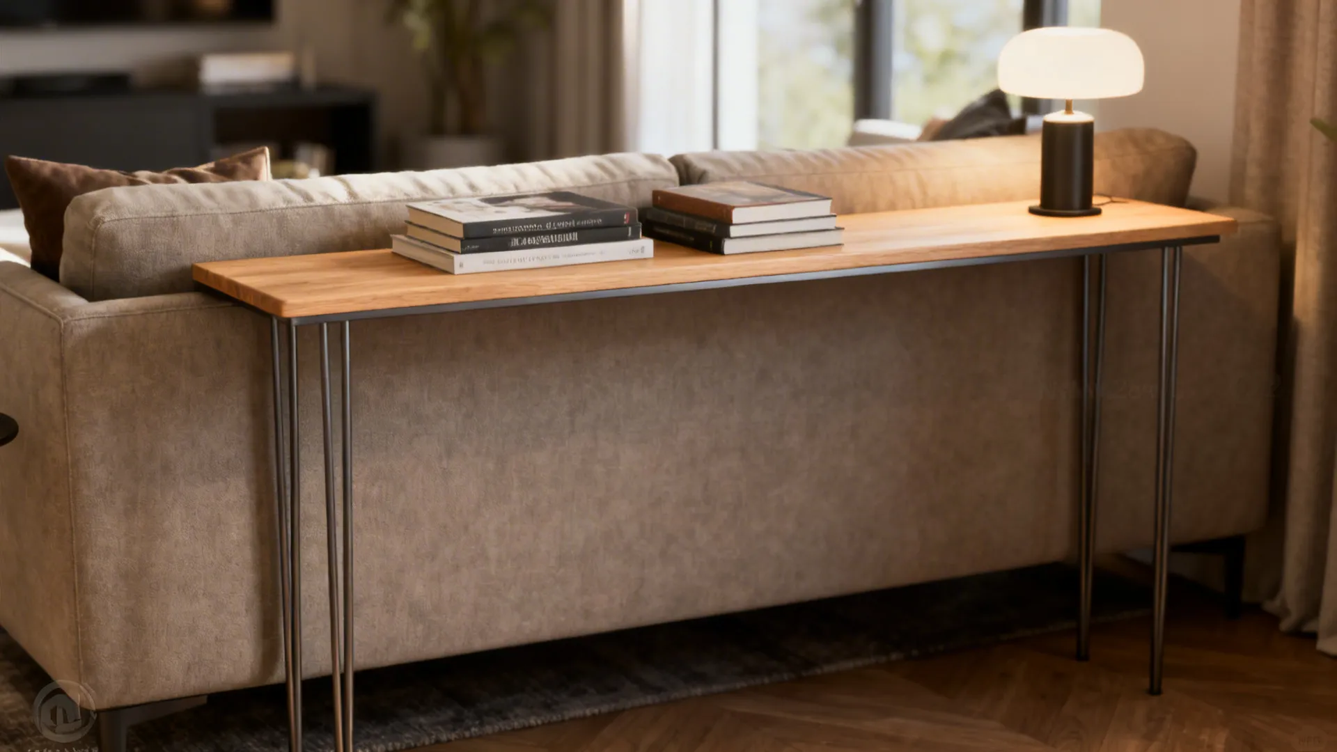 Slim console table behind a sofa creating a layered look in a small living room