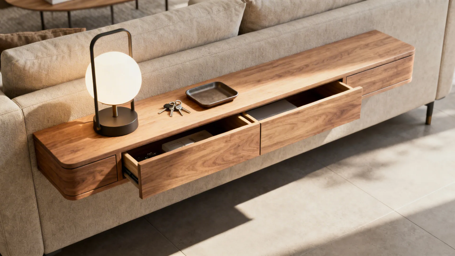 Slim console module behind a sofa with lamp and small storage, saving footprint in a small living room.