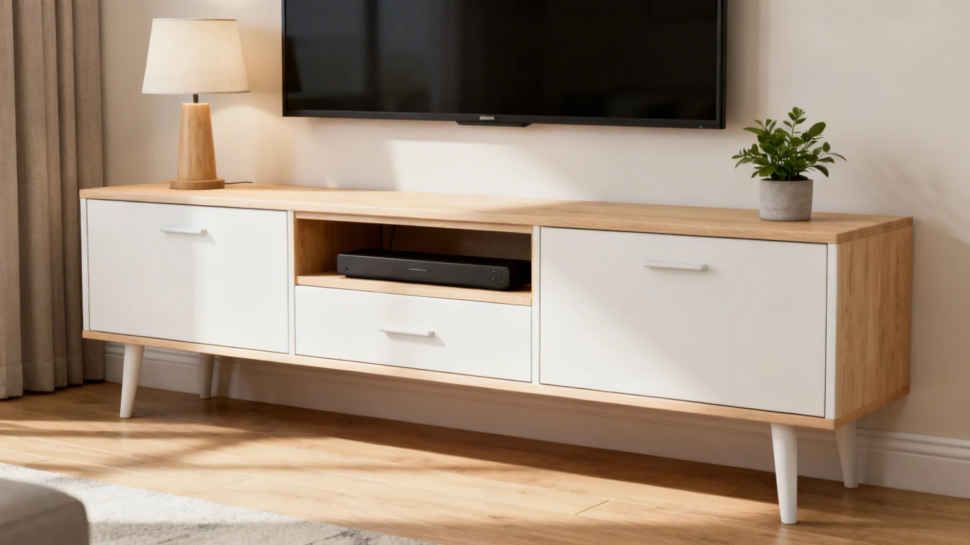 Slim console under TV with open cubbies and closed drawers in a small living room