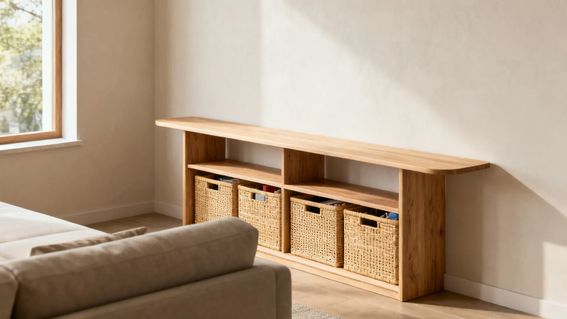 Slim wooden storage shelf against a beige wall featuring four woven baskets for home storage