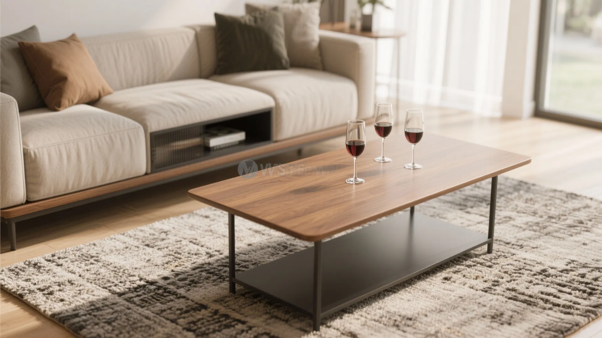 Slim console bar table behind a sofa with wine setup