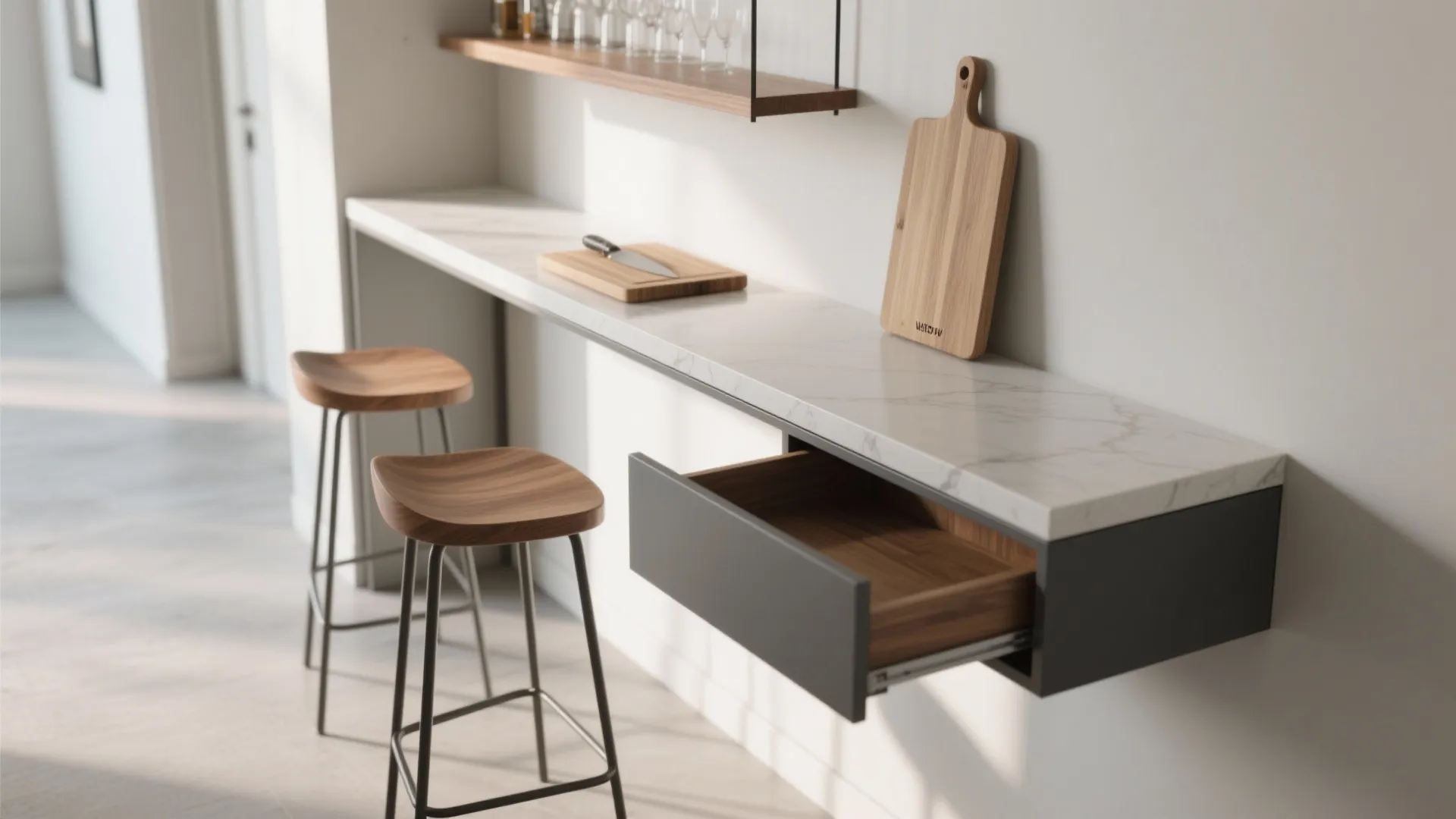 Slim marble wall mounted bar counter with wooden stools and an open storage drawer design