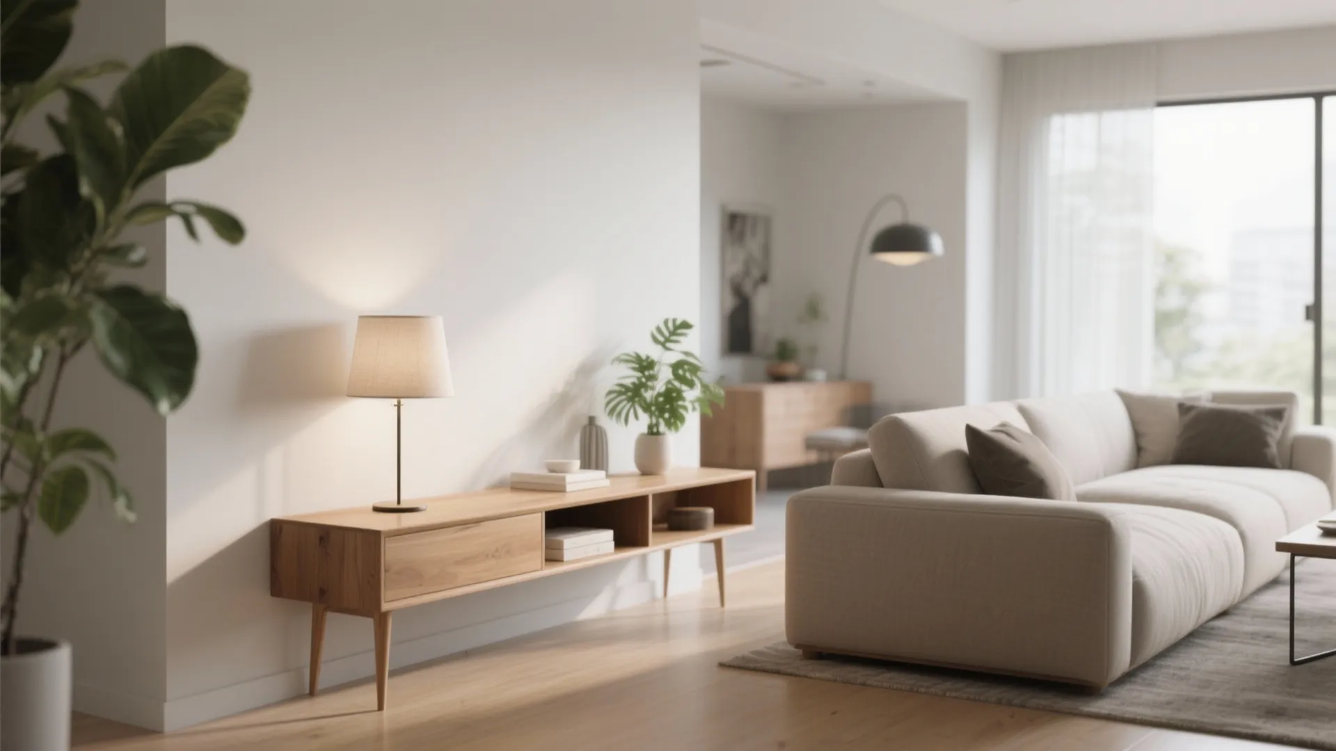 Slim console table behind sofa in modern open-plan living room