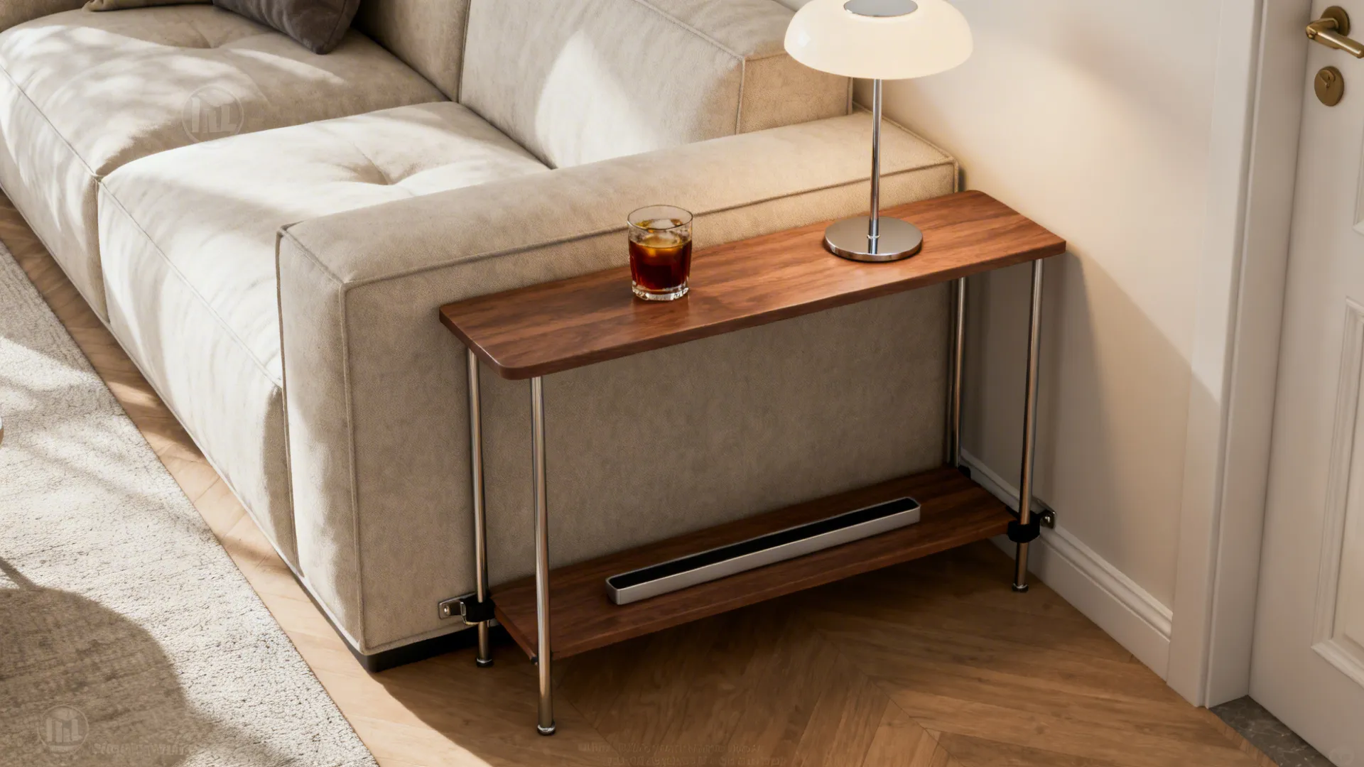 Slim console table positioned behind a sofa serving as an end table with lamp and small decor.