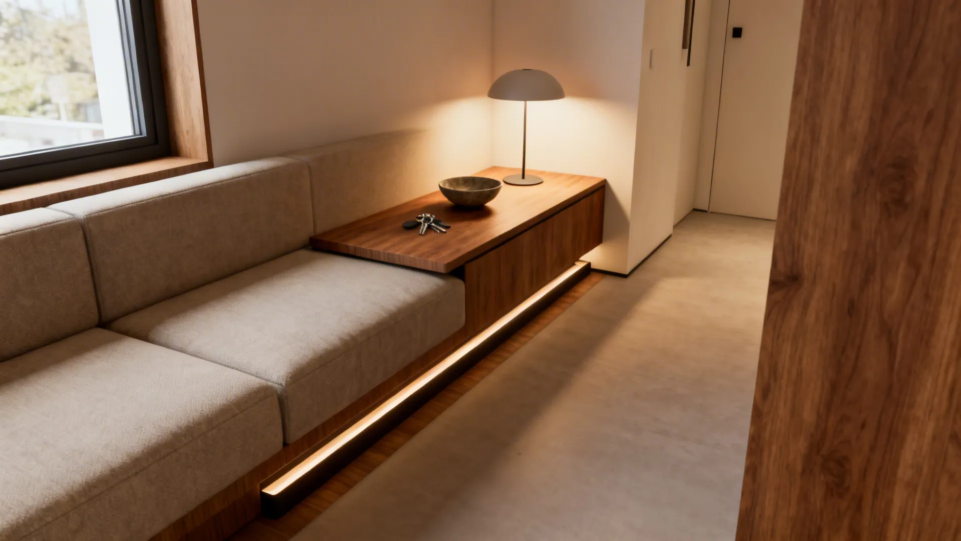 Slim console table behind a sofa holding a lamp and bowl, opening circulation in a studio