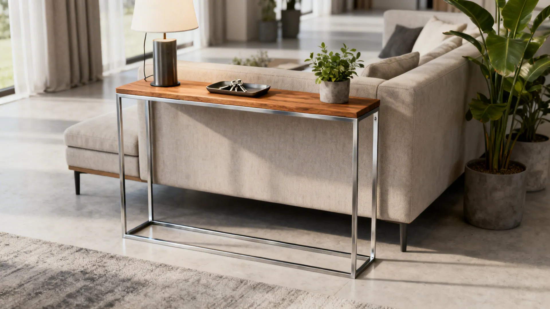 Narrow metal-and-wood console table behind a sofa holding a lamp and plants.