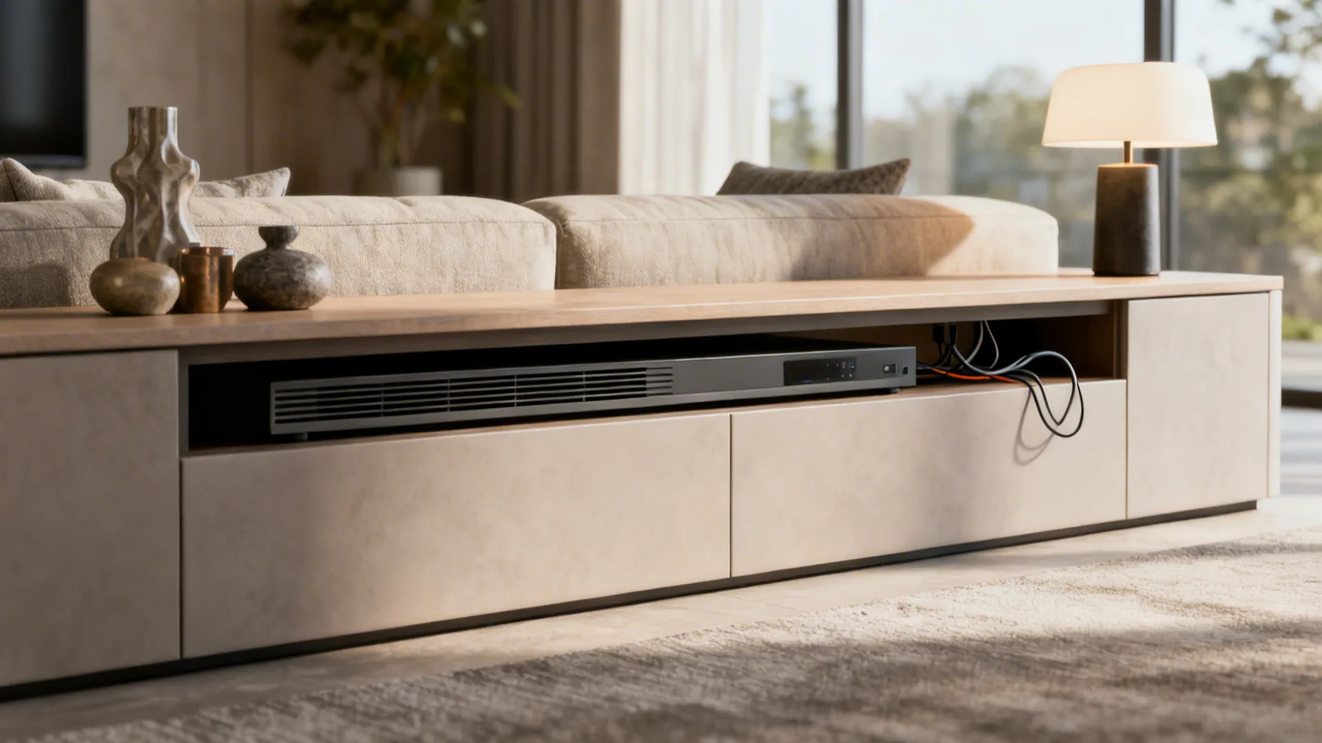 Slim console behind a sofa serving as storage and a hidden media hub